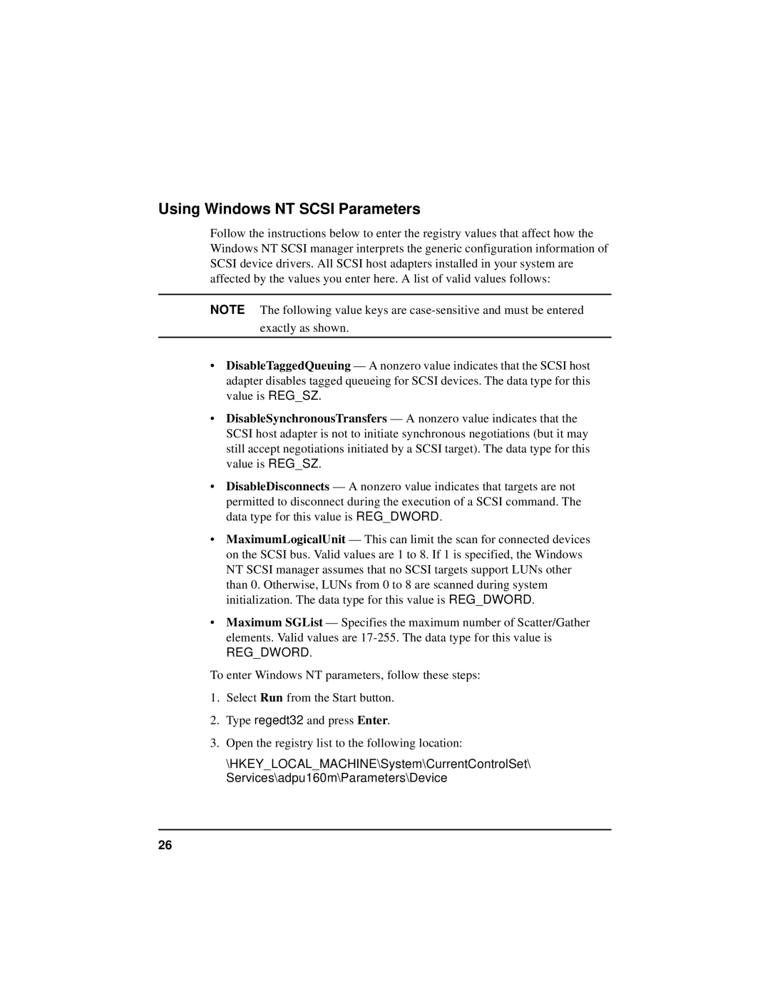 HP NetServer 5971-0821 manual Using Windows NT Scsi Parameters, Regdword 