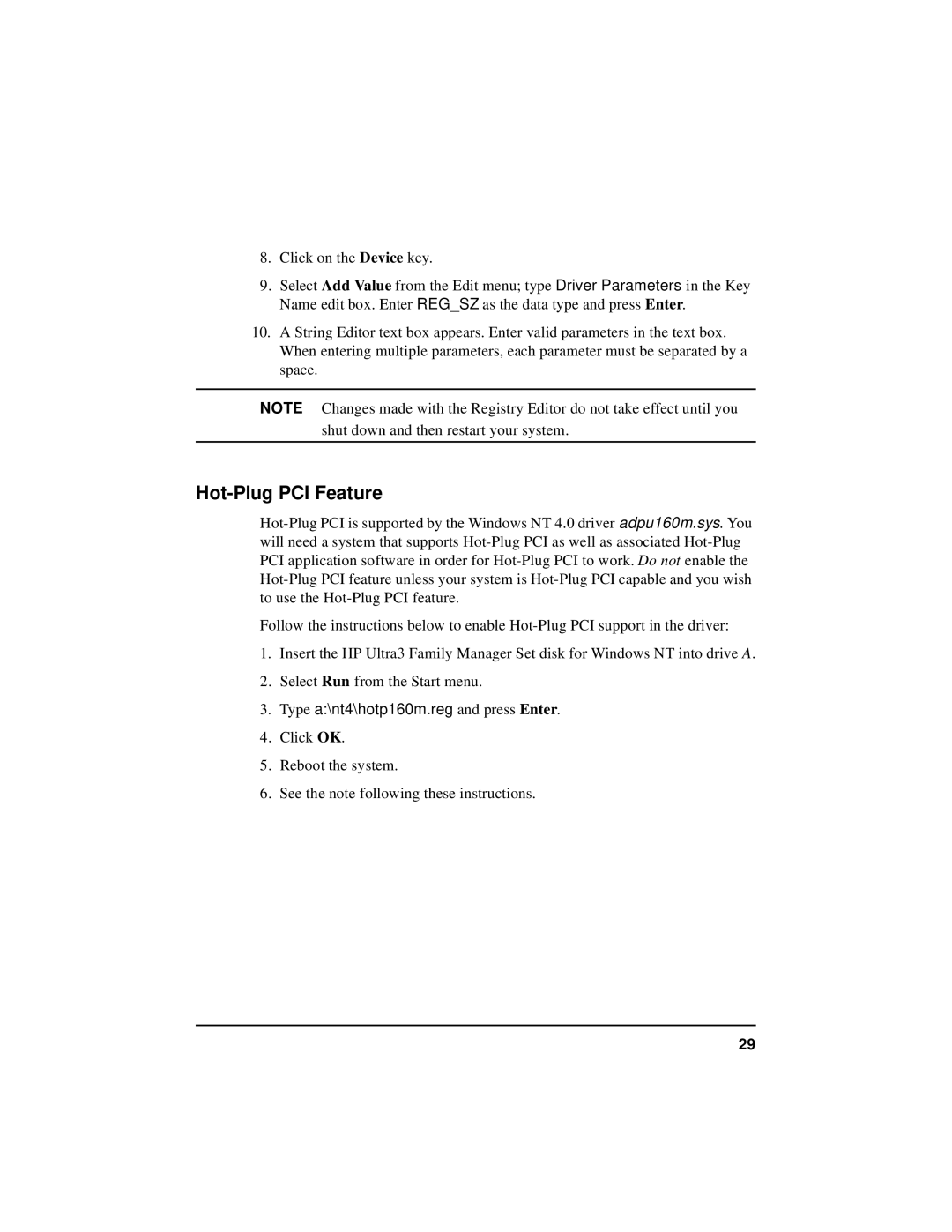 HP NetServer 5971-0821 manual Hot-Plug PCI Feature, Type a\nt4\hotp160m.reg and press Enter 