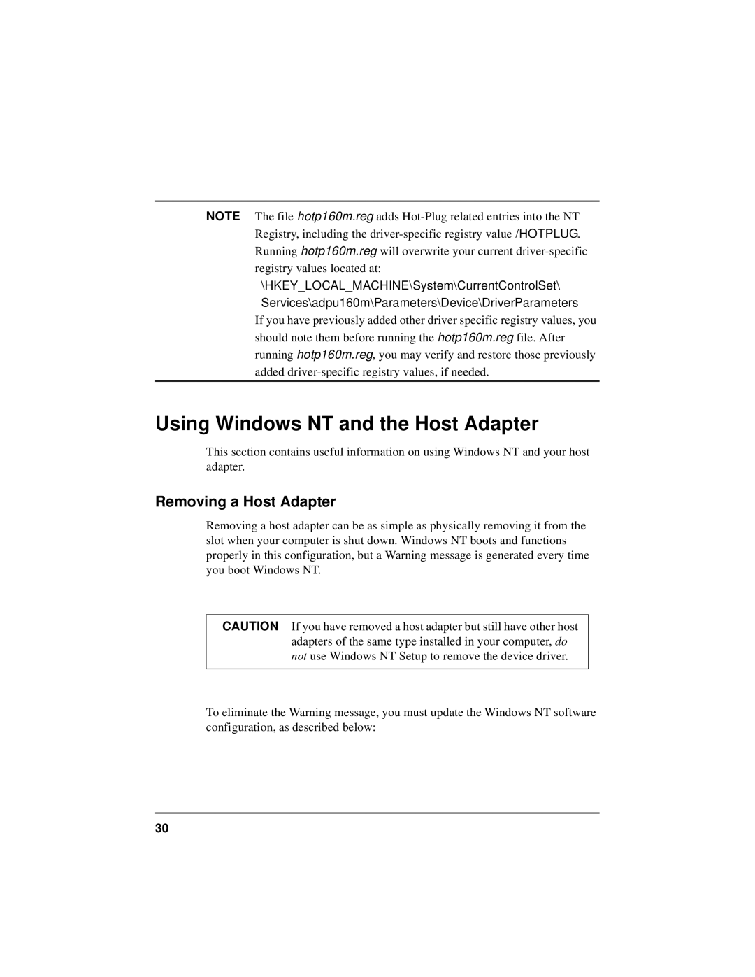 HP NetServer 5971-0821 manual Using Windows NT and the Host Adapter, Removing a Host Adapter 