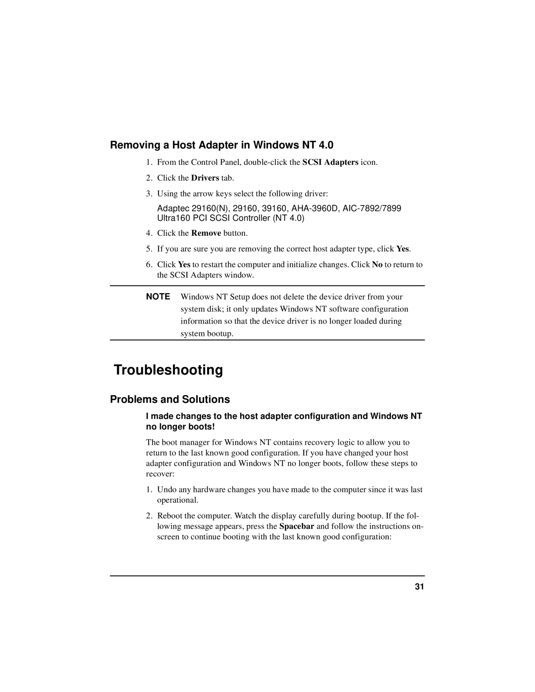 HP NetServer 5971-0821 manual Removing a Host Adapter in Windows NT, Problems and Solutions 