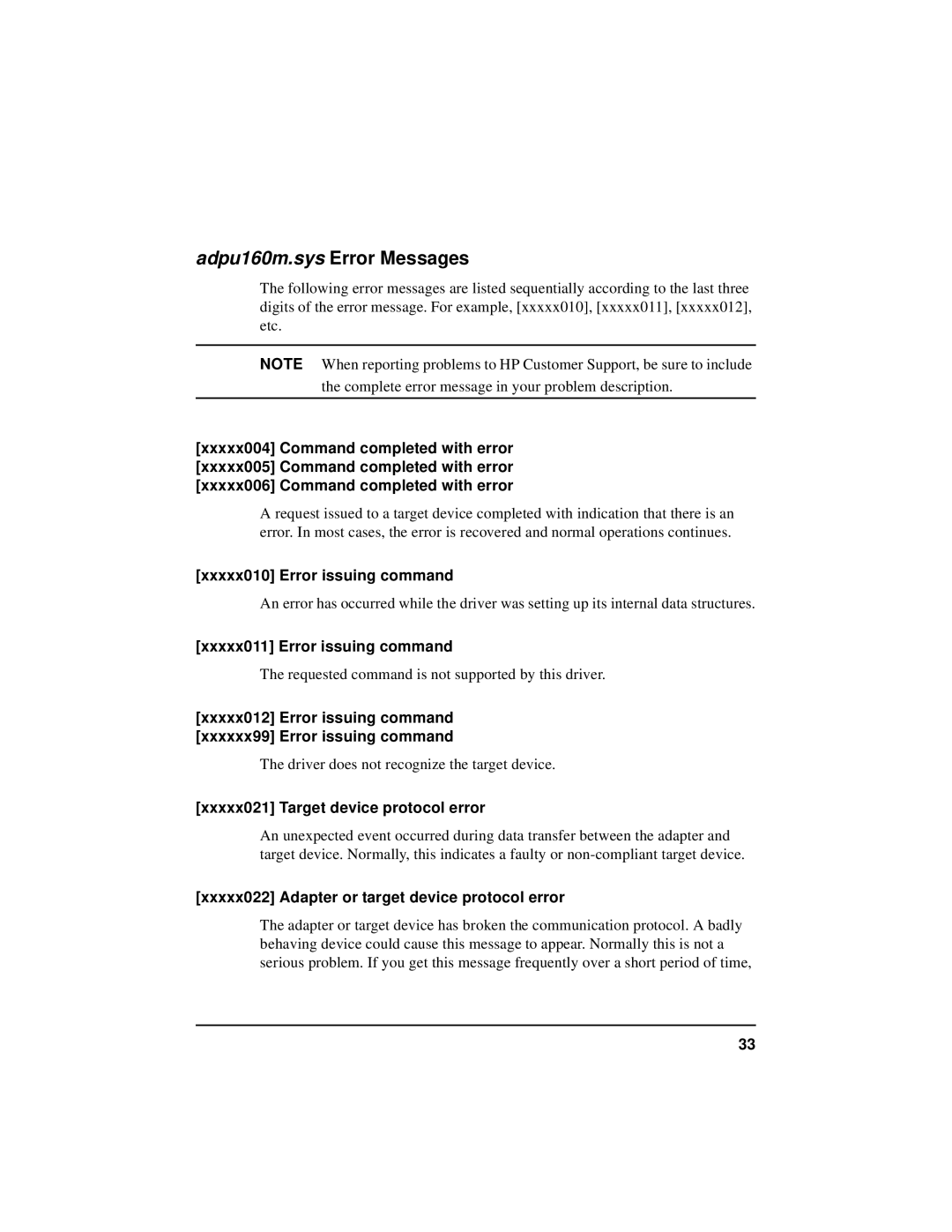 HP NetServer 5971-0821 manual Adpu160m.sys Error Messages, Xxxxx010 Error issuing command, Xxxxx011 Error issuing command 