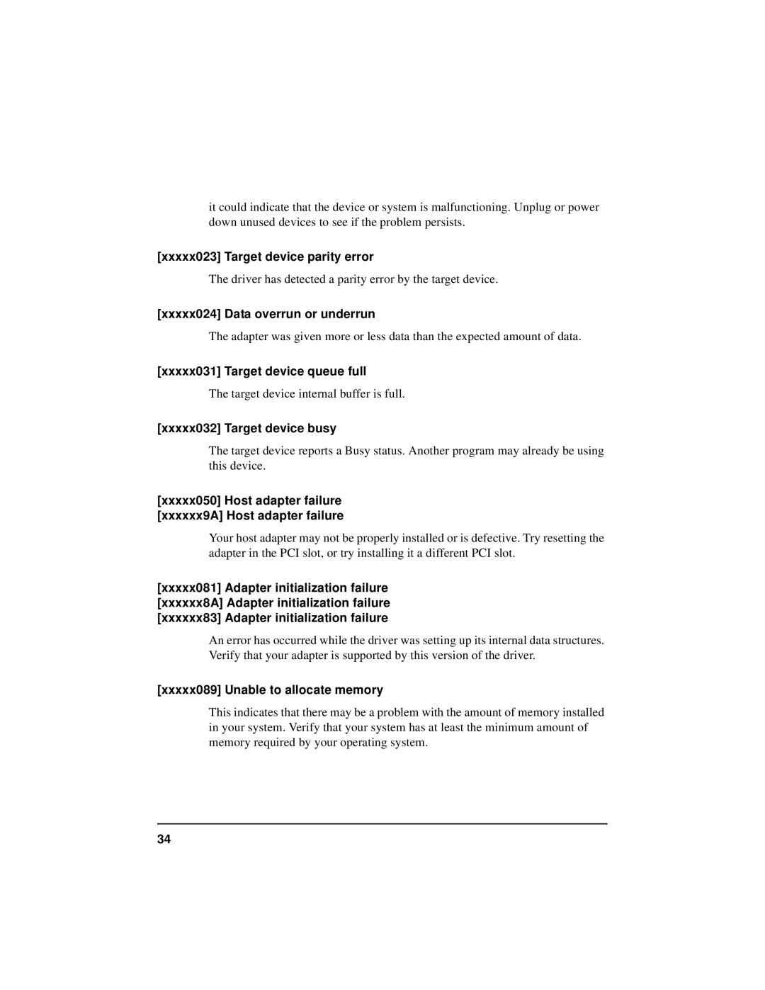 HP NetServer 5971-0821 Xxxxx023 Target device parity error, Xxxxx024 Data overrun or underrun, Xxxxx032 Target device busy 