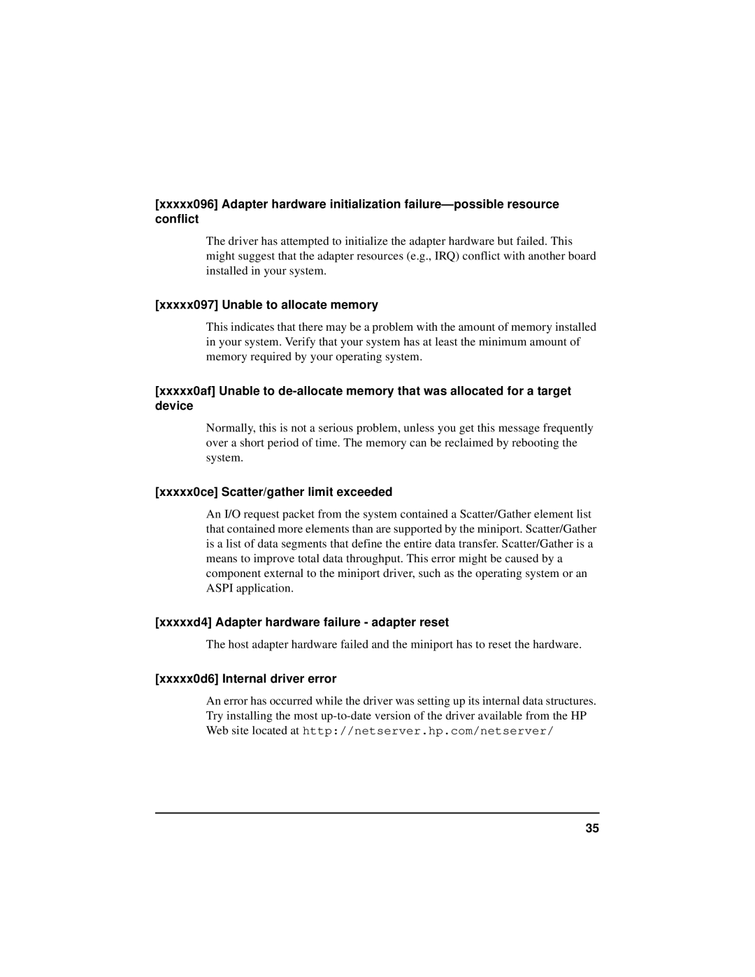 HP NetServer 5971-0821 manual Xxxxx097 Unable to allocate memory, Xxxxx0ce Scatter/gather limit exceeded 