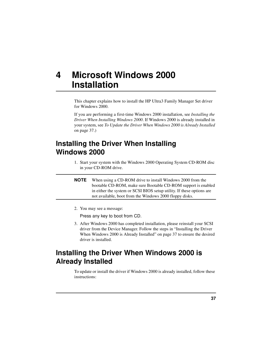 HP NetServer 5971-0821 manual Microsoft Windows 2000 Installation, Installing the Driver When Installing Windows 