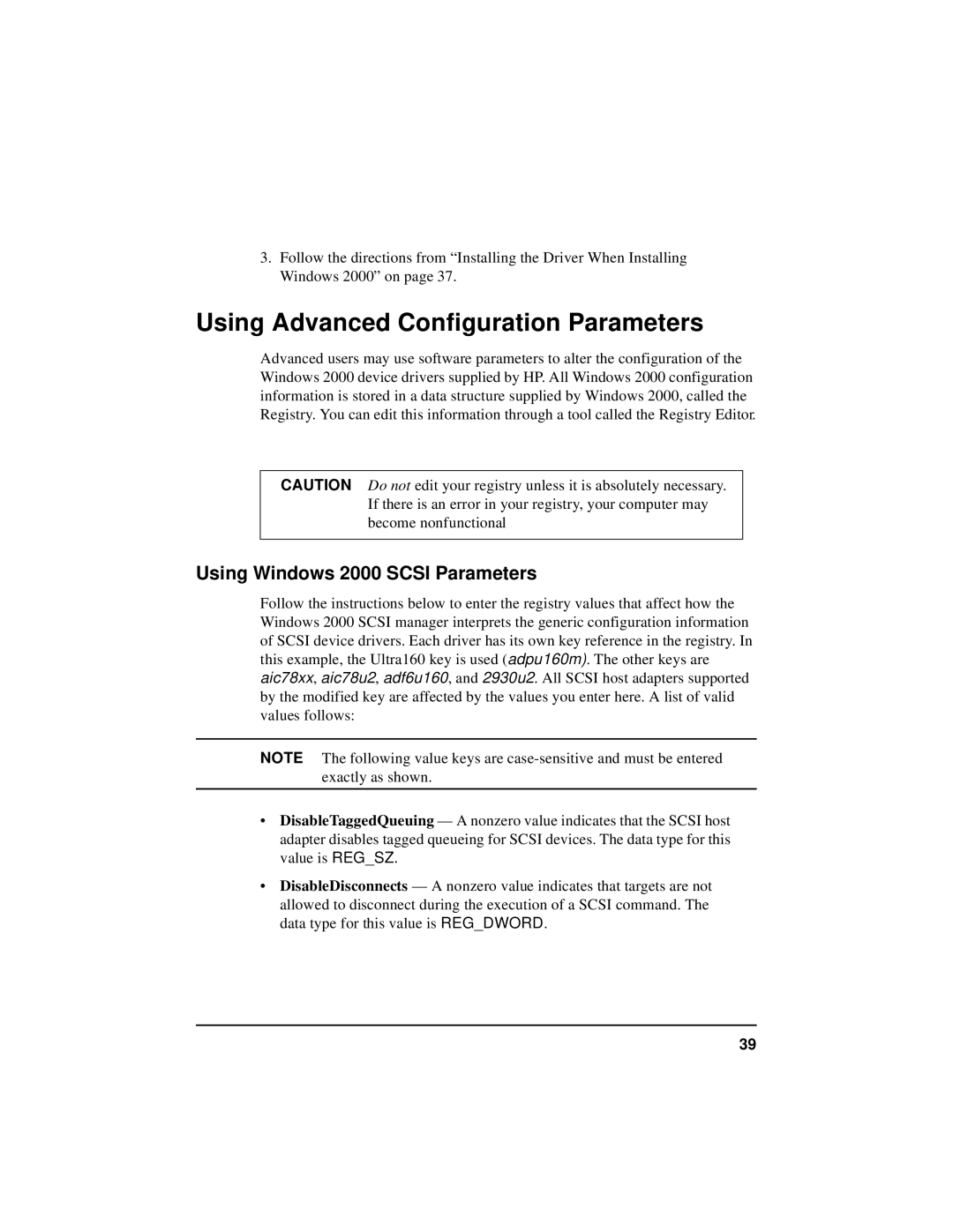 HP NetServer 5971-0821 manual Using Advanced Configuration Parameters, Using Windows 2000 Scsi Parameters 