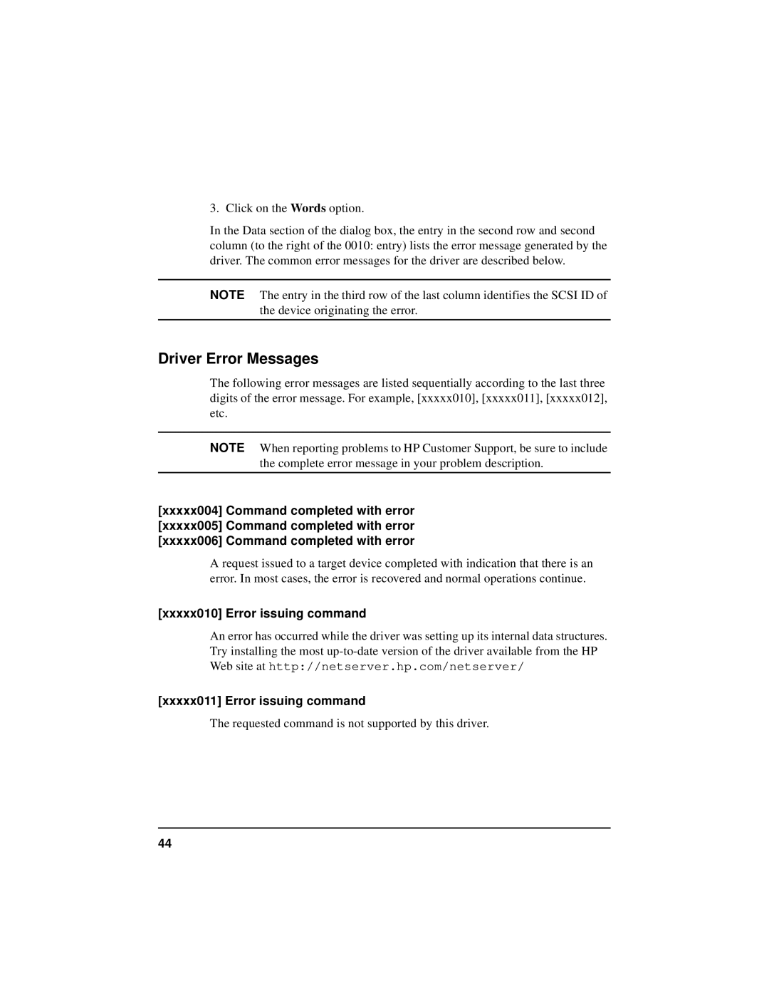 HP NetServer 5971-0821 manual Driver Error Messages 