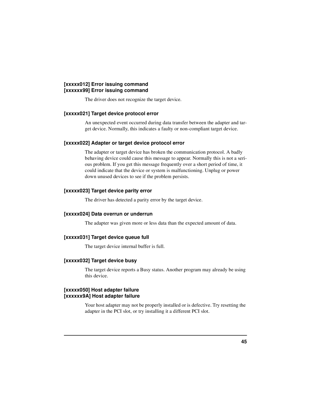 HP NetServer 5971-0821 manual Xxxxx021 Target device protocol error 