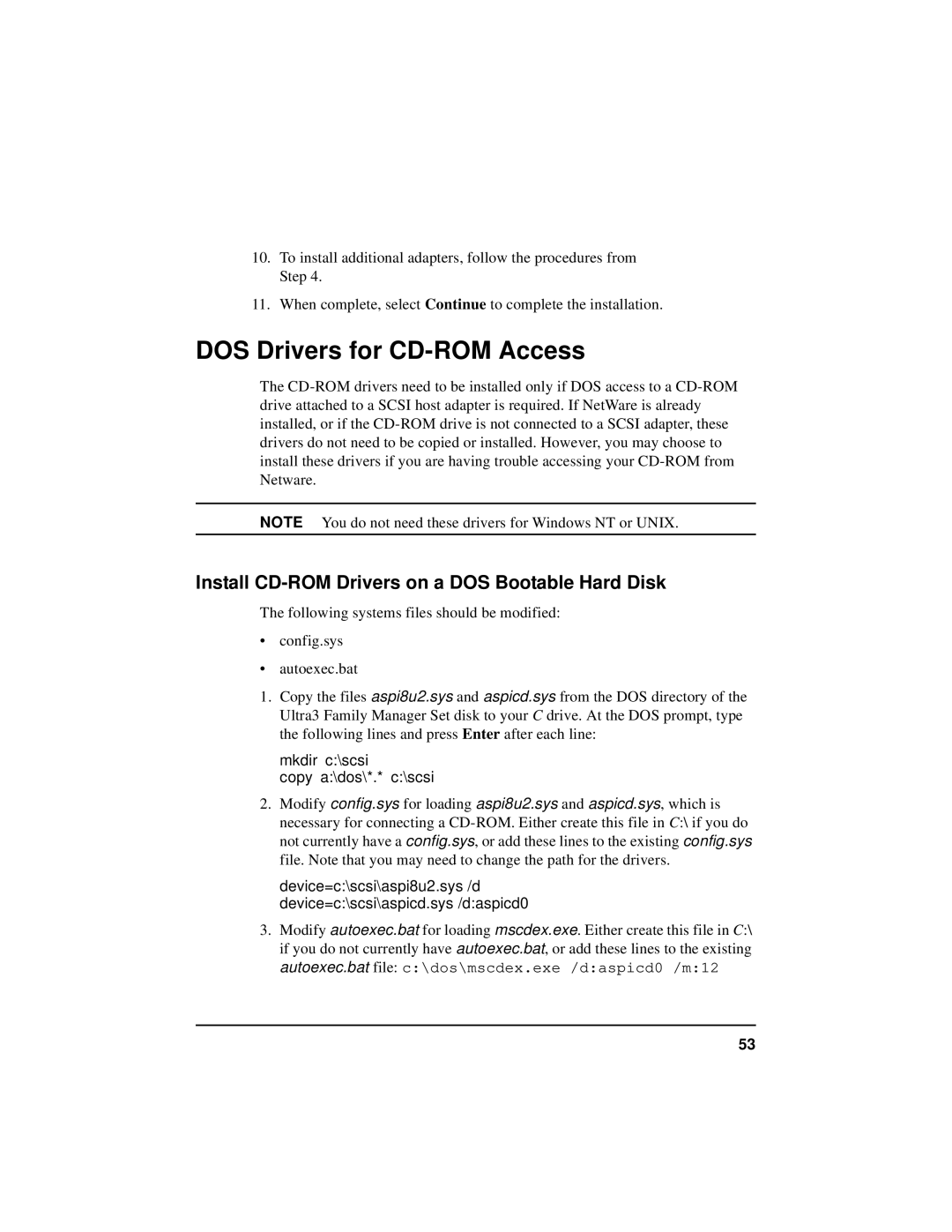 HP NetServer 5971-0821 manual DOS Drivers for CD-ROM Access, Install CD-ROM Drivers on a DOS Bootable Hard Disk 