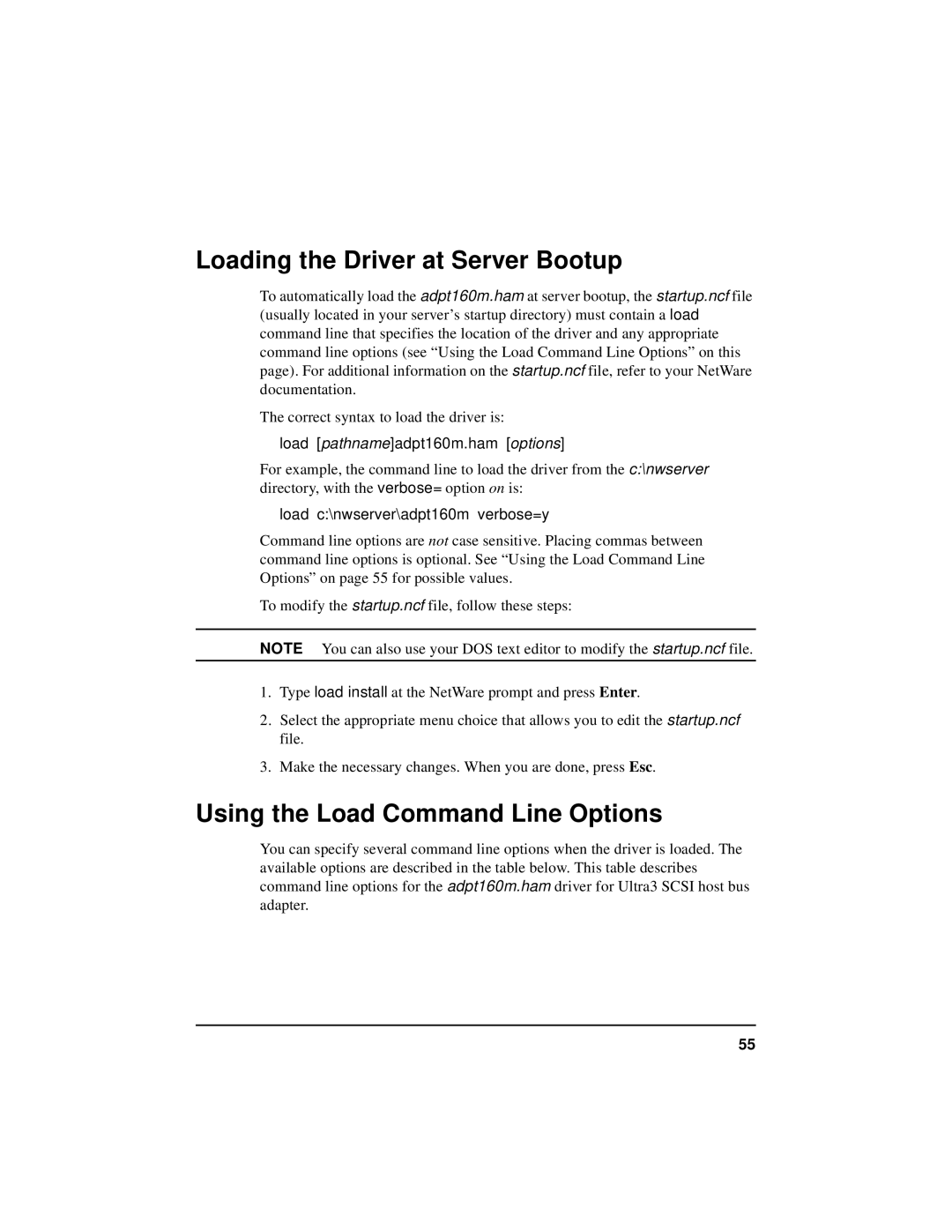 HP NetServer 5971-0821 manual Loading the Driver at Server Bootup, Using the Load Command Line Options 