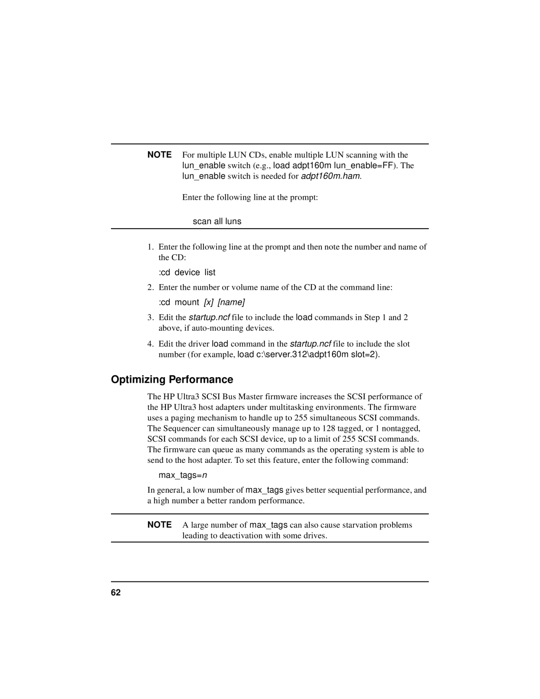 HP NetServer 5971-0821 manual Optimizing Performance, Scan all luns, Cd device list, Cd mount x name, Maxtags=n 