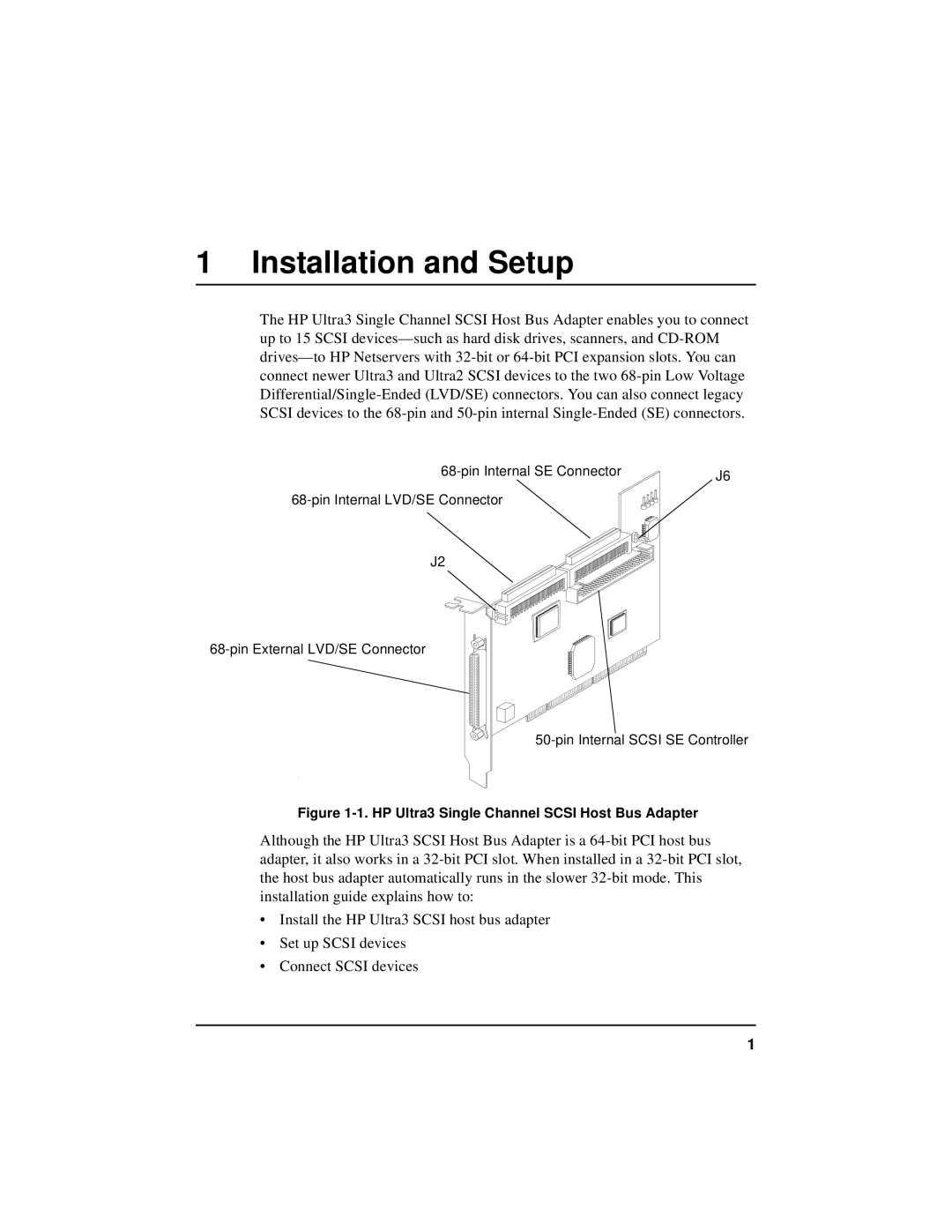 HP NetServer 5971-0821 manual Installation and Setup, HP Ultra3 Single Channel Scsi Host Bus Adapter 