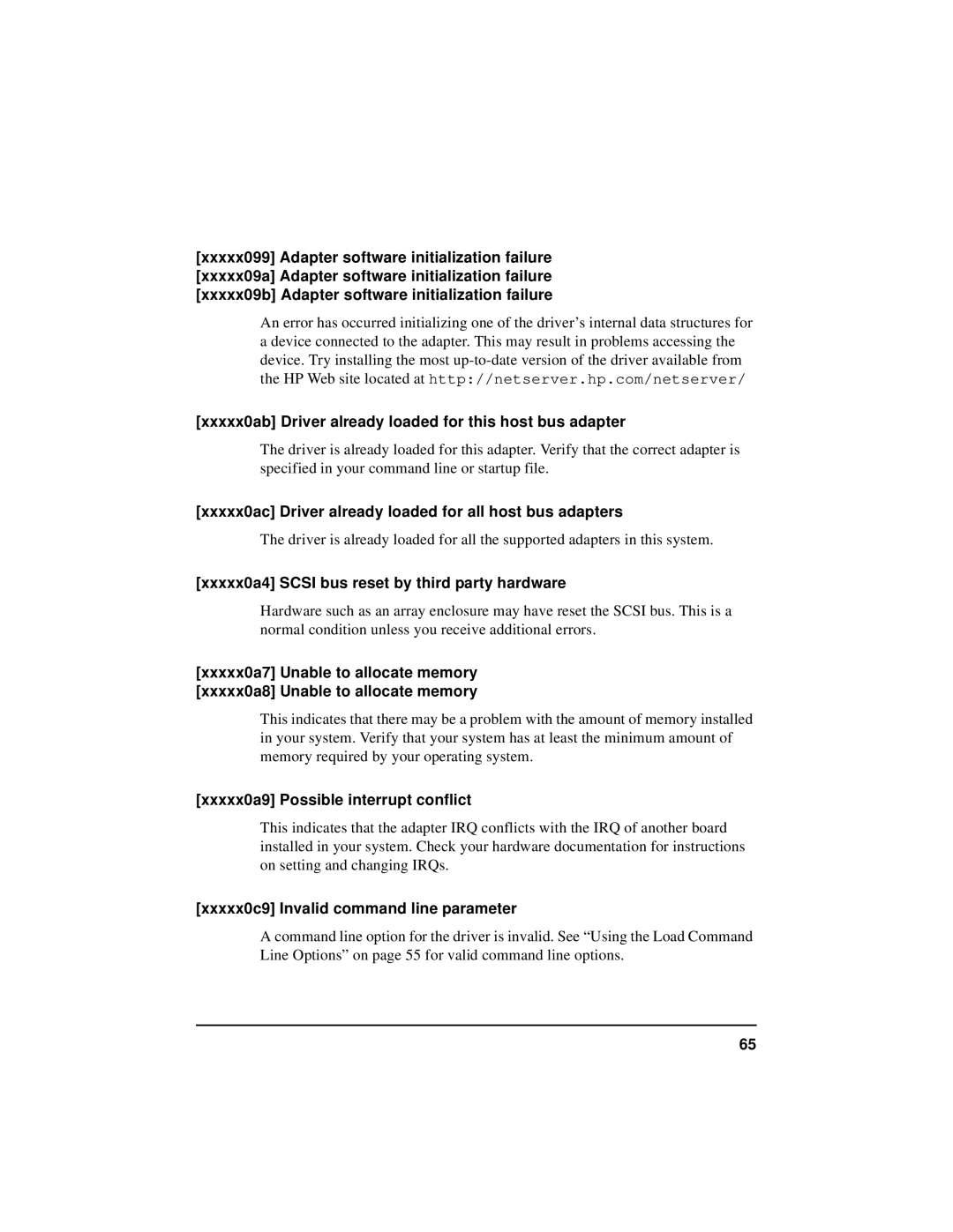 HP NetServer 5971-0821 Xxxxx0ac Driver already loaded for all host bus adapters, Xxxxx0a9 Possible interrupt conflict 