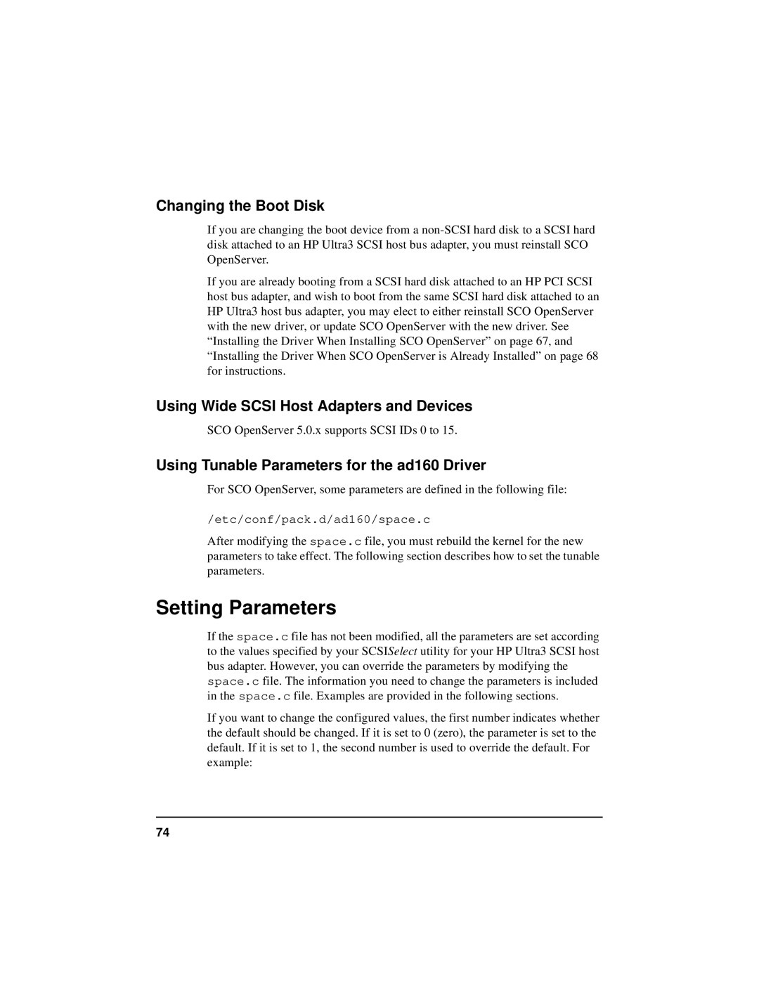 HP NetServer 5971-0821 manual Setting Parameters, Changing the Boot Disk, Using Wide Scsi Host Adapters and Devices 