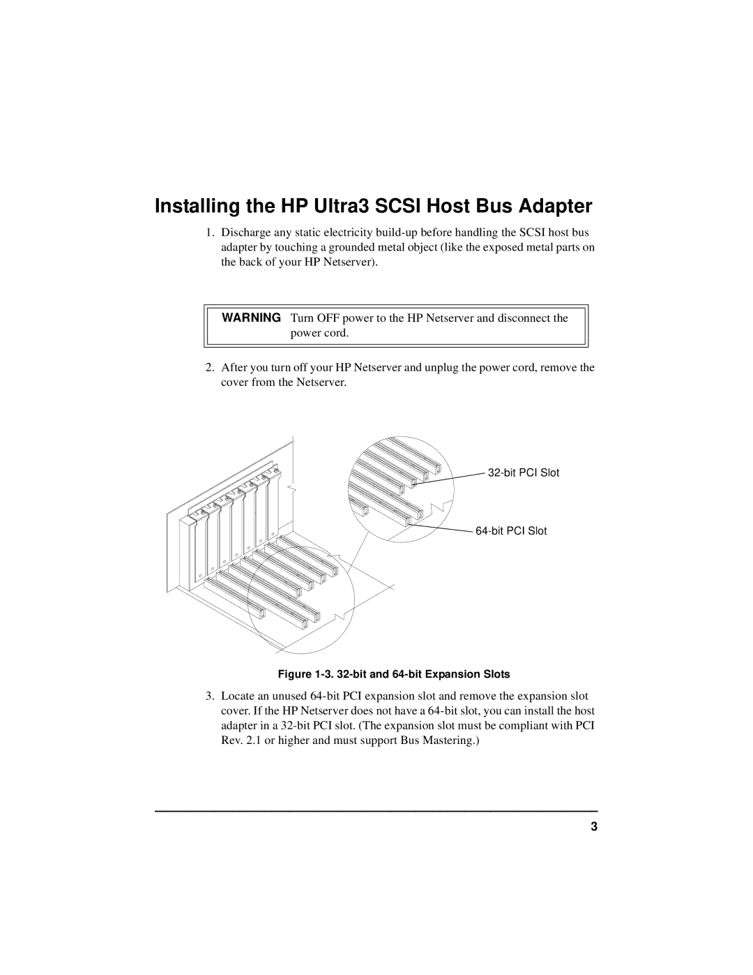 HP NetServer 5971-0821 manual Installing the HP Ultra3 Scsi Host Bus Adapter, Bit and 64-bit Expansion Slots 