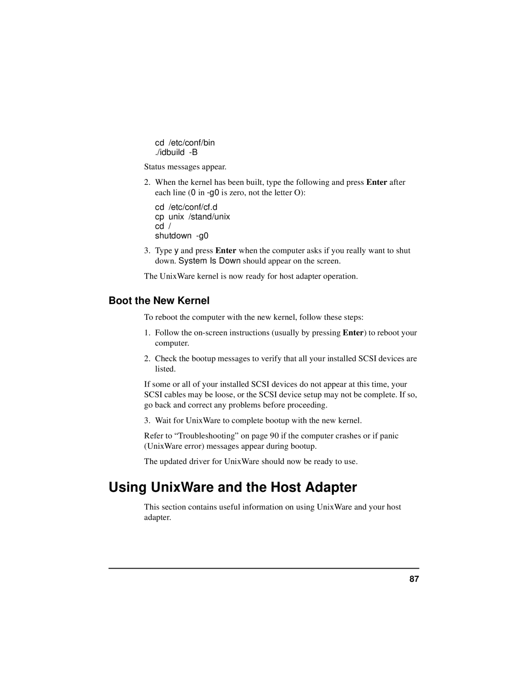 HP NetServer 5971-0821 manual Using UnixWare and the Host Adapter, Boot the New Kernel, Cd /etc/conf/bin Idbuild -B 