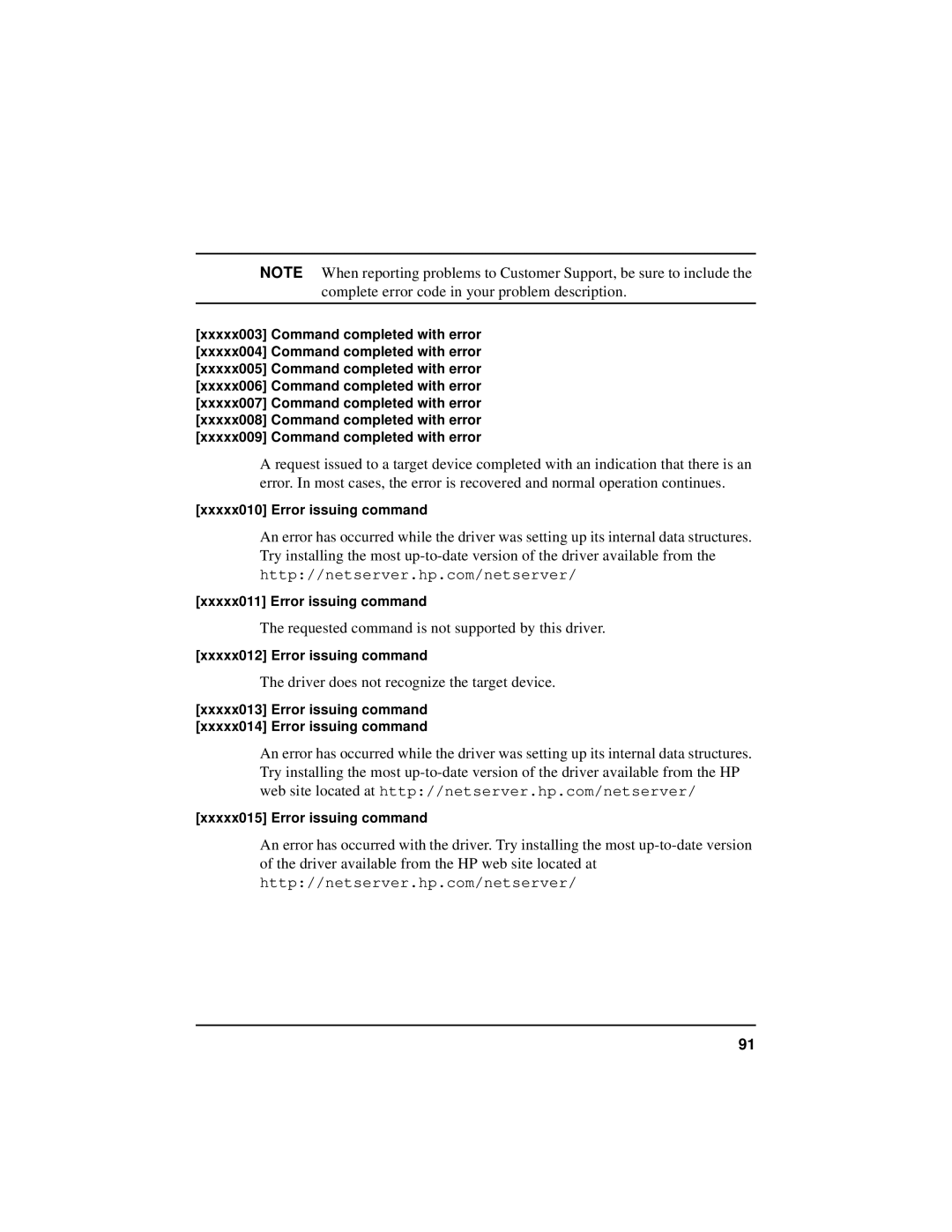 HP NetServer 5971-0821 manual Xxxxx011 Error issuing command 