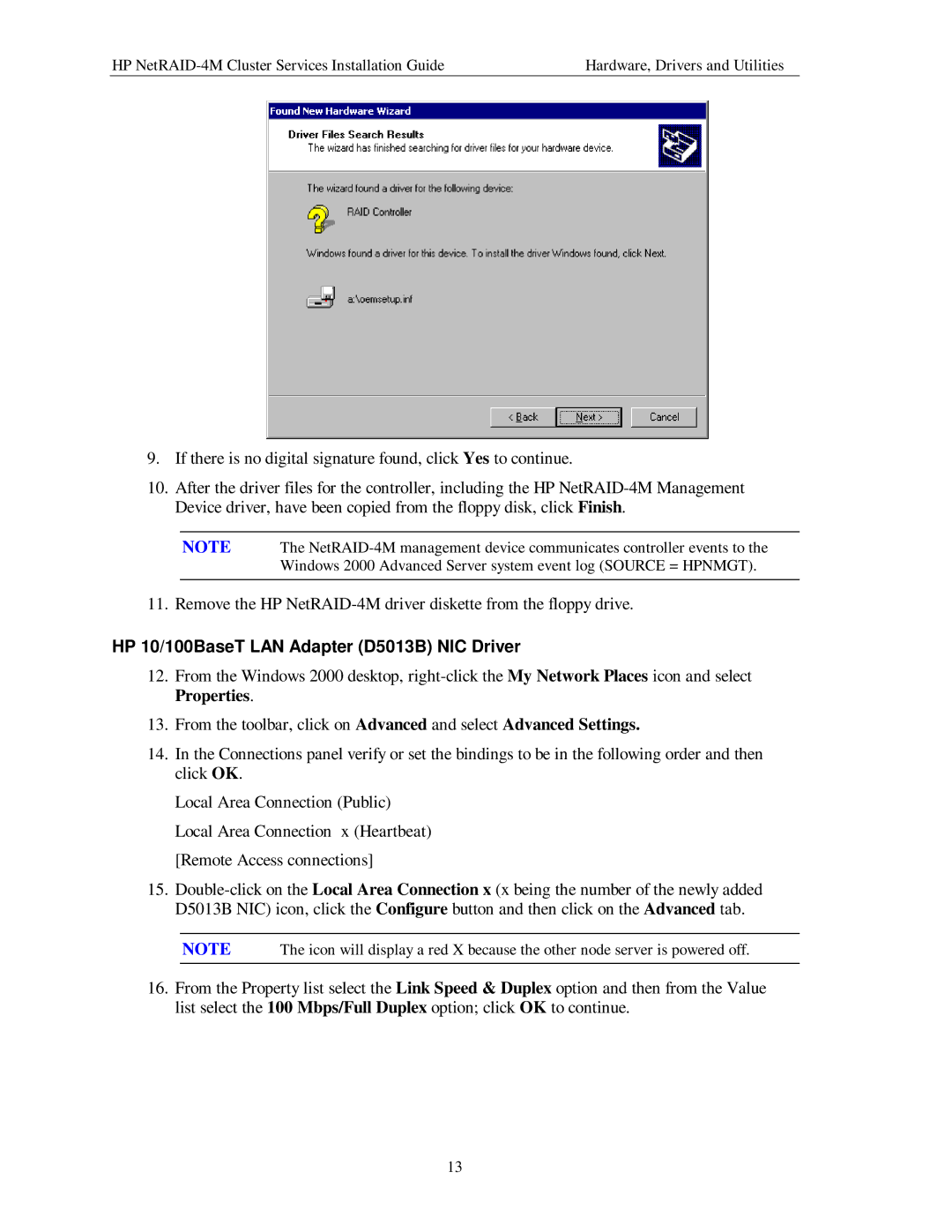 HP NetServer NetRAID-4M manual HP 10/100BaseT LAN Adapter D5013B NIC Driver 