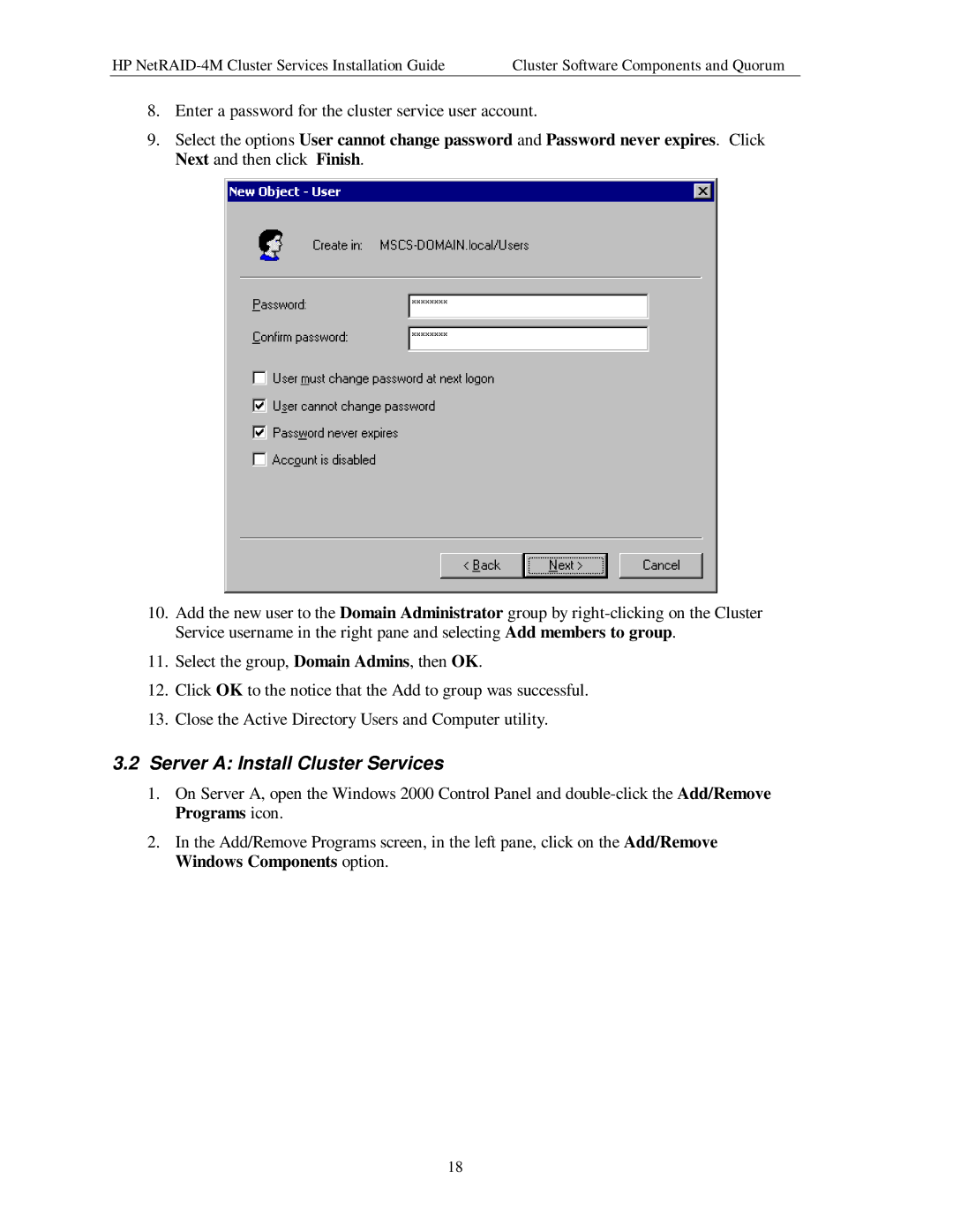 HP NetServer NetRAID-4M manual Server a Install Cluster Services 