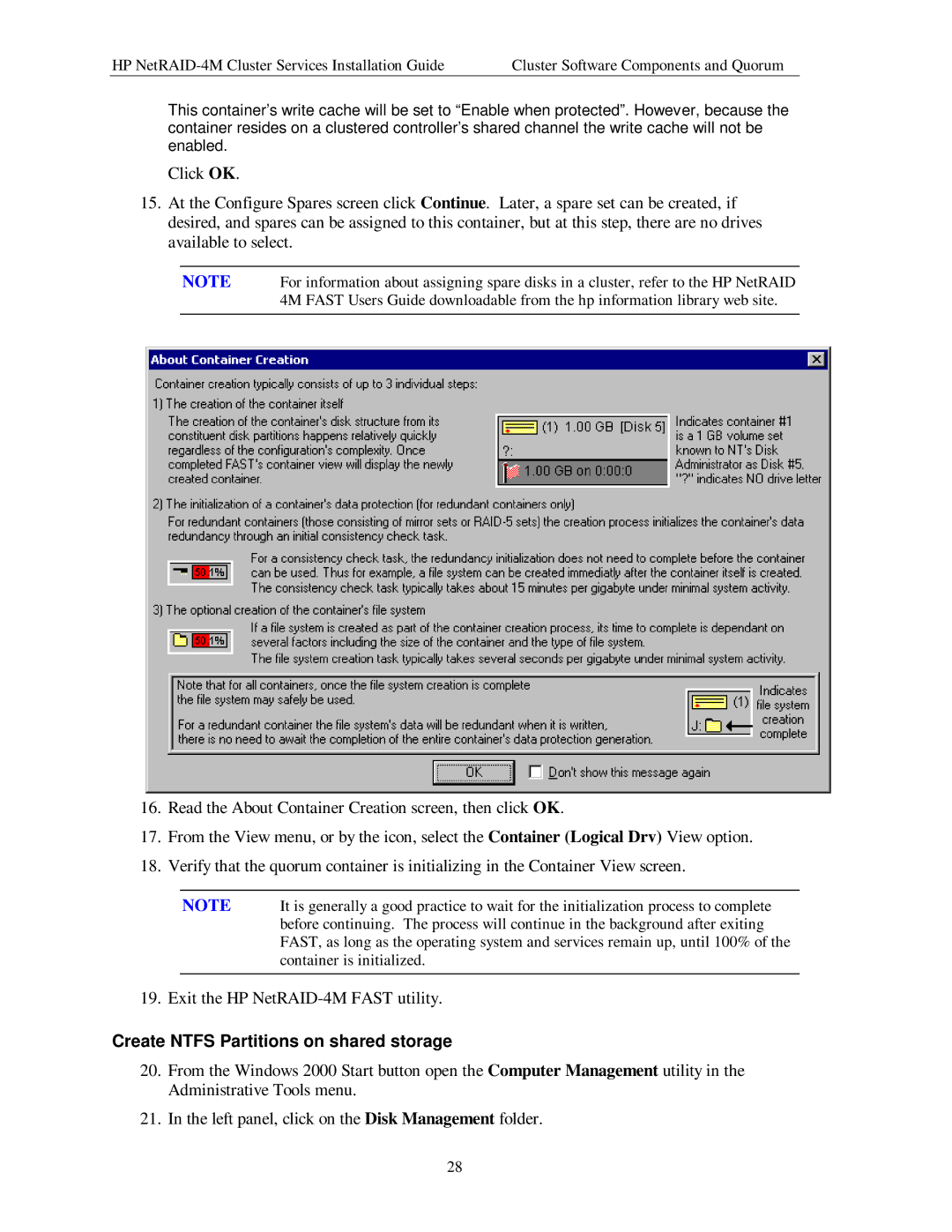 HP NetServer NetRAID-4M manual Create Ntfs Partitions on shared storage 