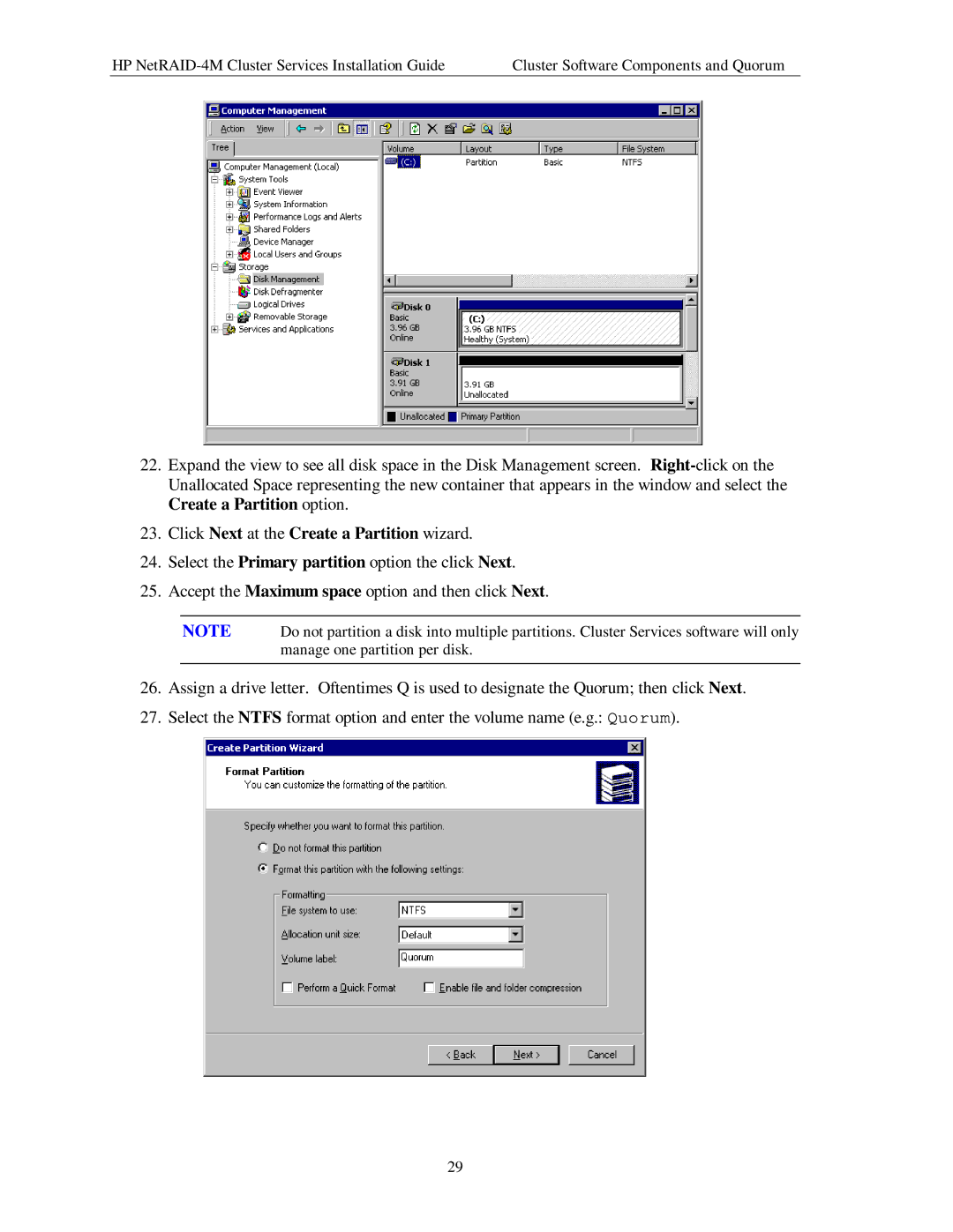 HP NetServer NetRAID-4M manual Click Next at the Create a Partition wizard 