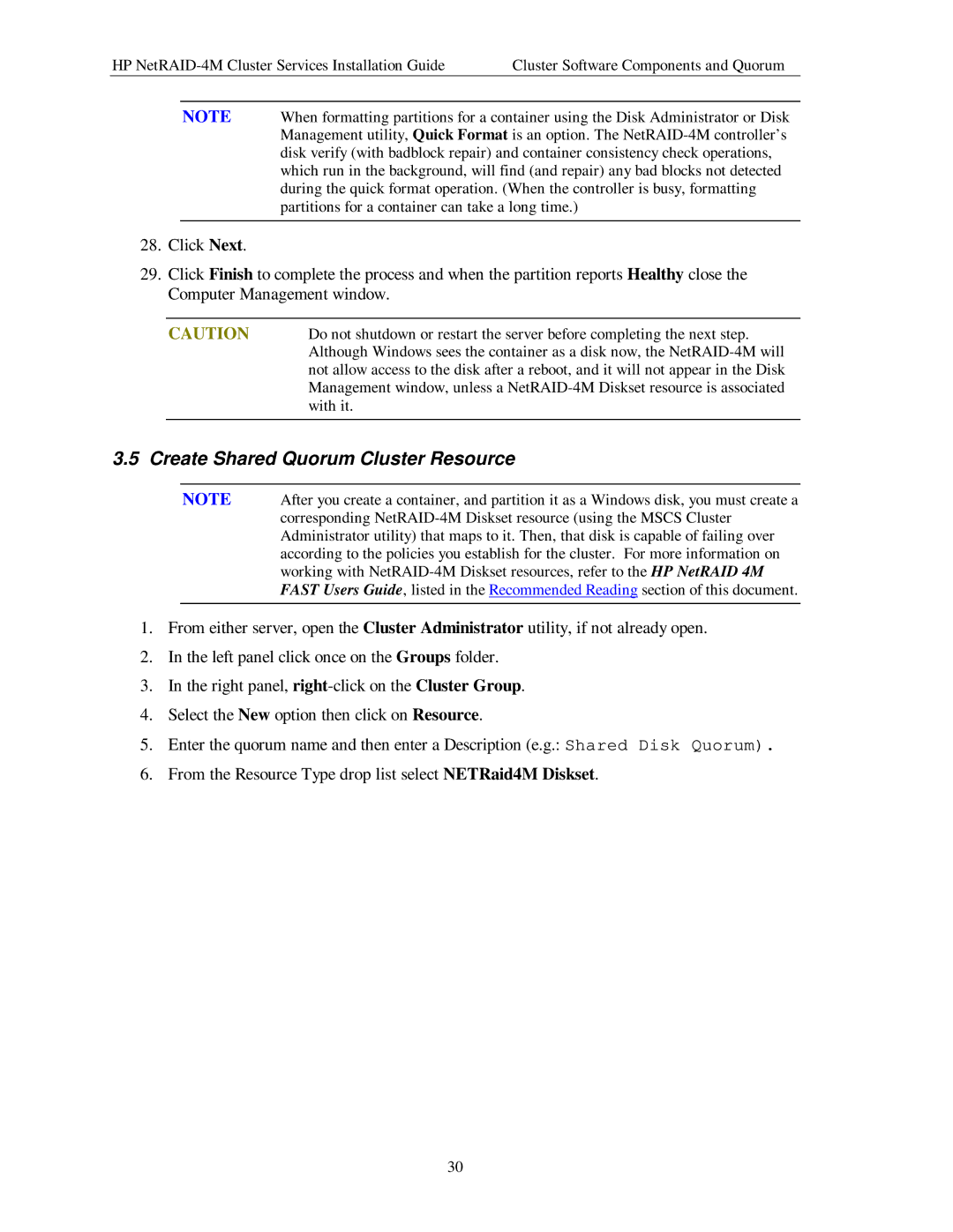 HP NetServer NetRAID-4M manual Create Shared Quorum Cluster Resource 