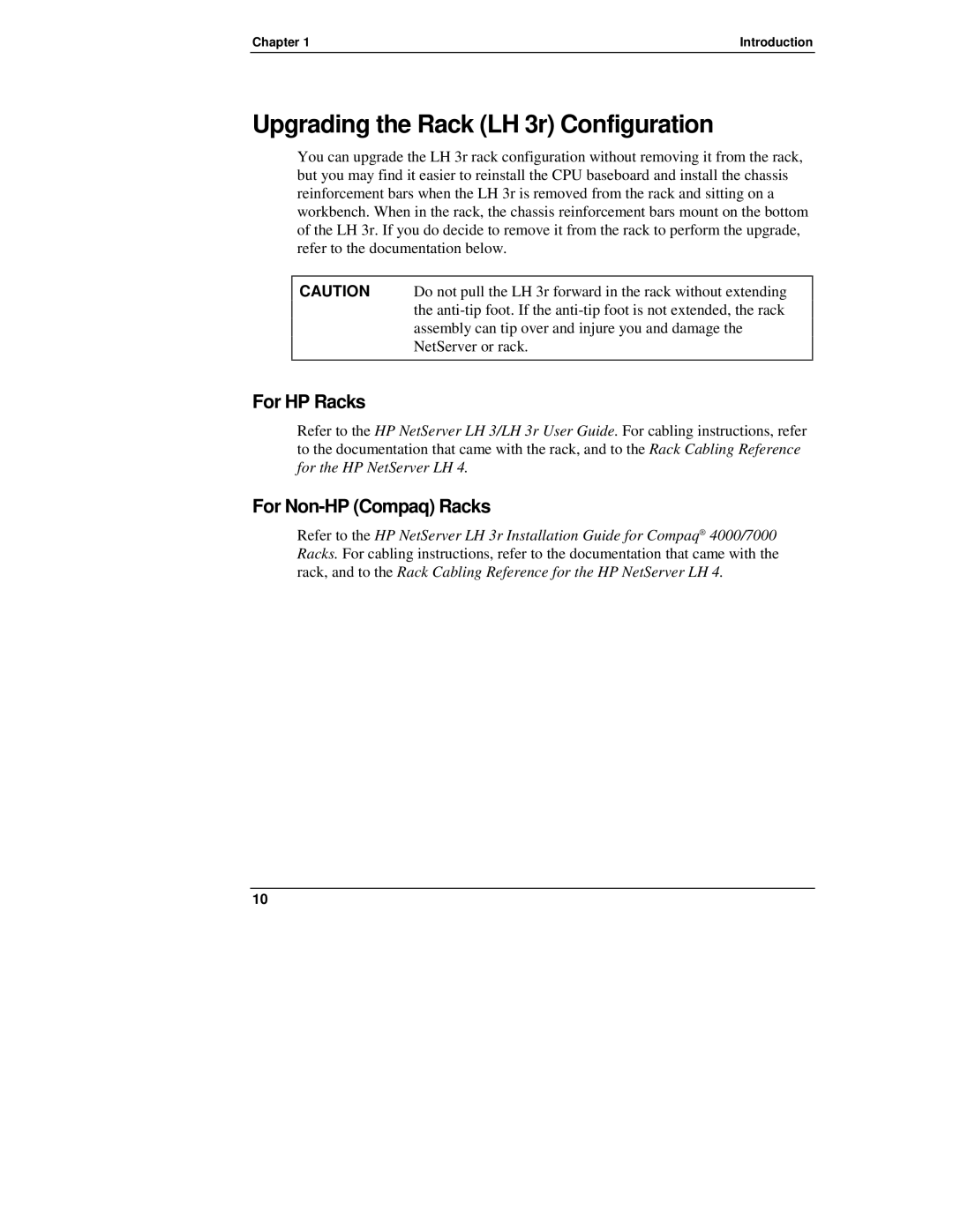 HP LH4r, NetServewr, LH 4 manual Upgrading the Rack LH 3r Configuration, For HP Racks, For Non-HP Compaq Racks 