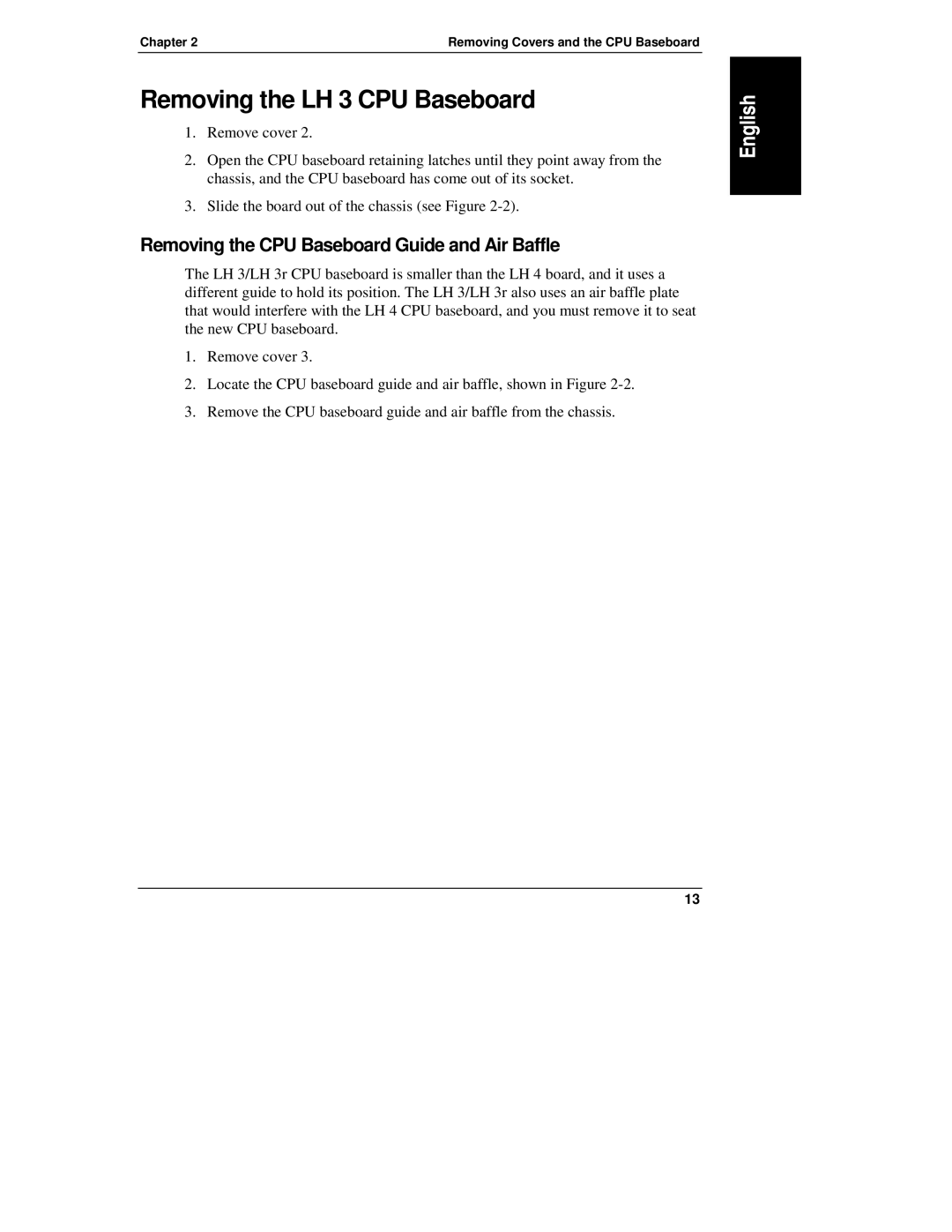 HP LH 4, NetServewr, LH4r manual Removing the LH 3 CPU Baseboard, Removing the CPU Baseboard Guide and Air Baffle 