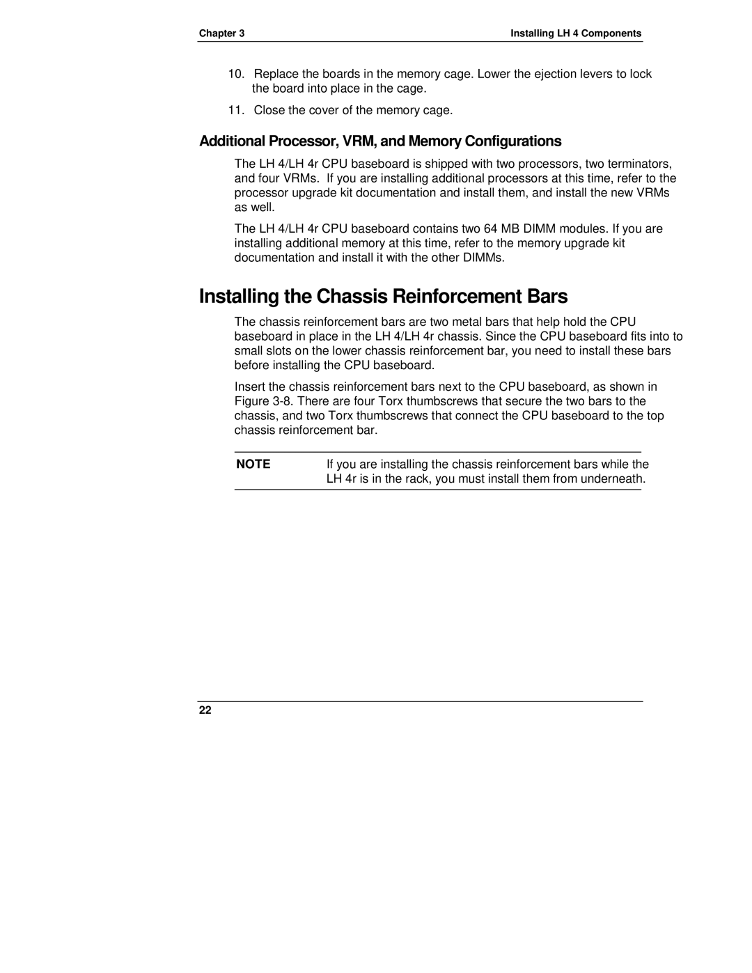 HP LH4r, NetServewr, LH 4 Installing the Chassis Reinforcement Bars, Additional Processor, VRM, and Memory Configurations 