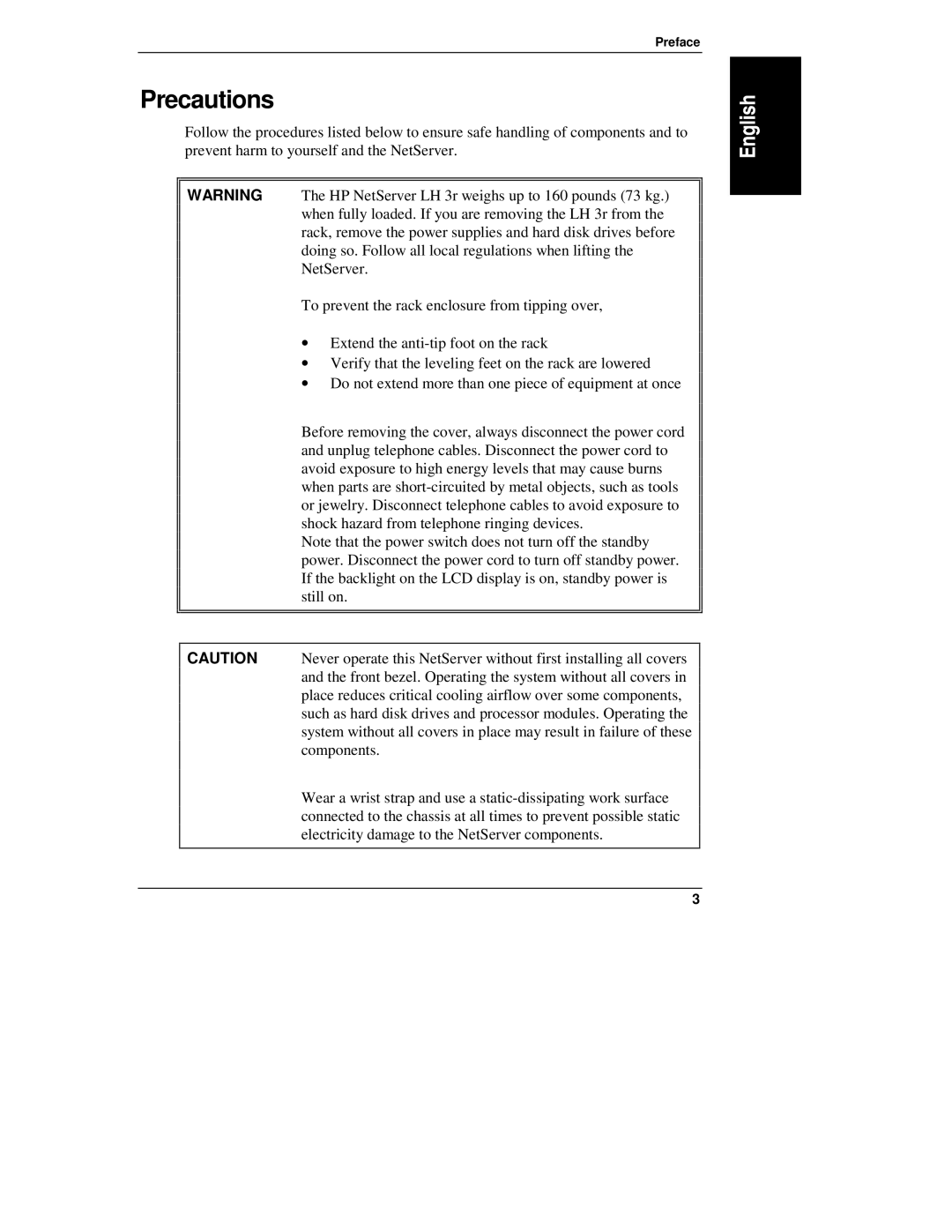 HP LH 3, NetServewr, LH 4, LH4r manual Precautions 