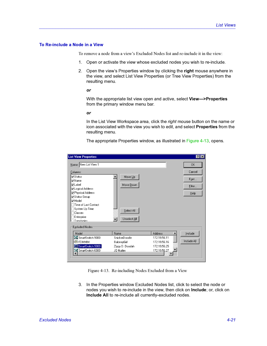 HP Netsight manual To Re-include a Node in a View, Re-including Nodes Excluded from a View 