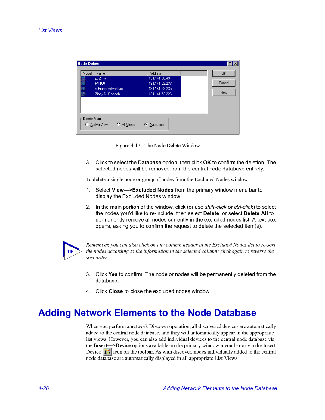 HP Netsight manual Adding Network Elements to the Node Database, The Node Delete Window 