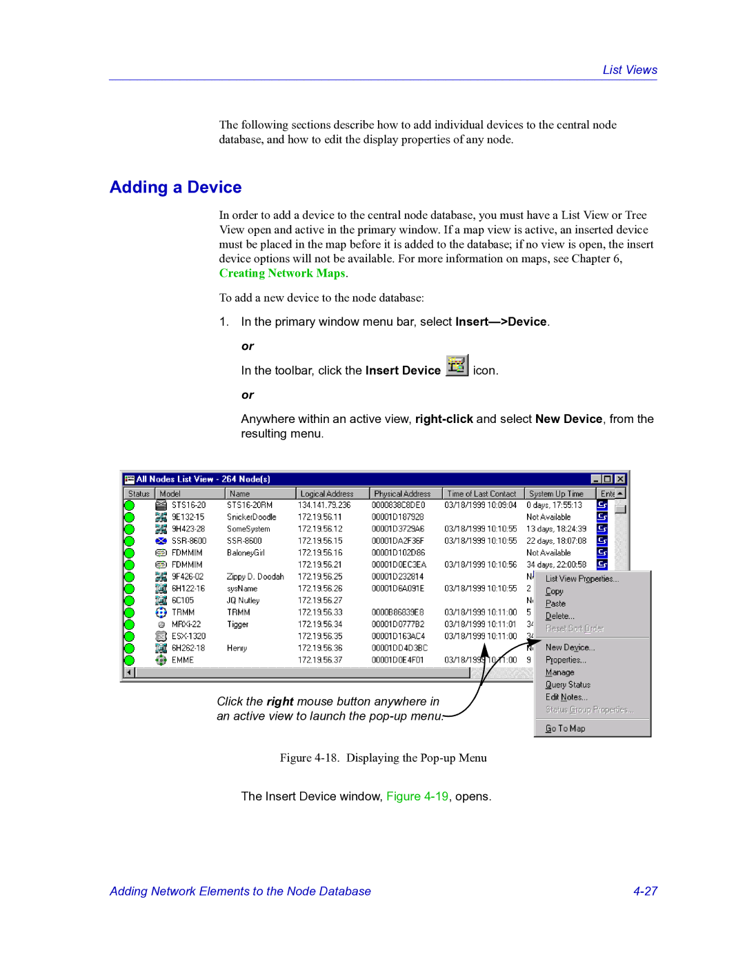 HP Netsight manual Adding a Device, Displaying the Pop-up Menu 