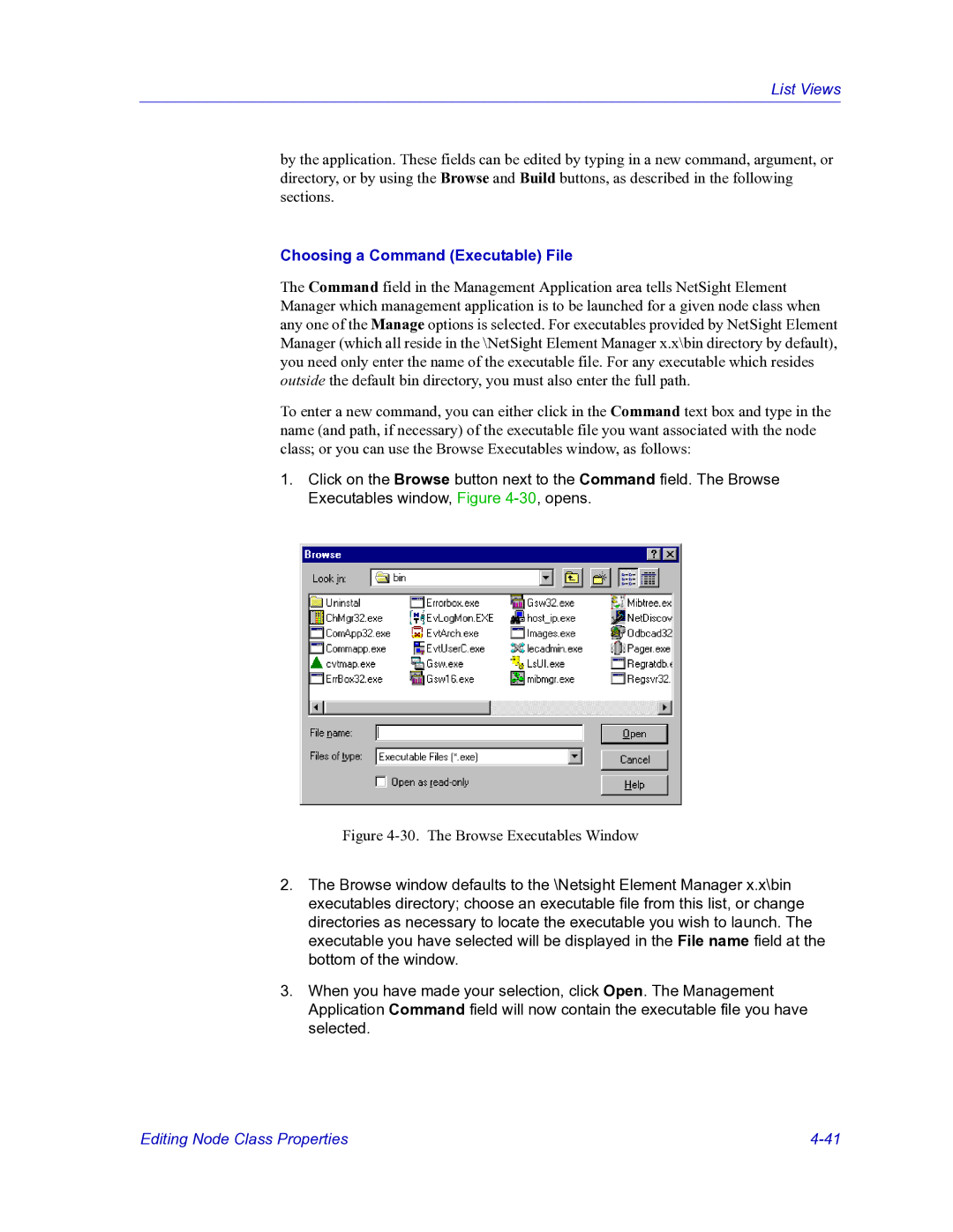 HP Netsight manual Choosing a Command Executable File, The Browse Executables Window 