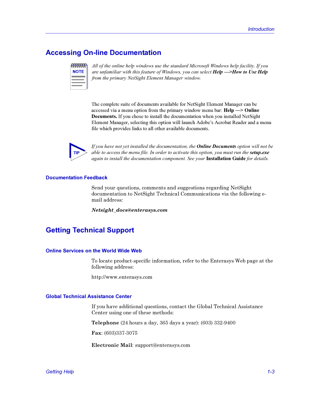 HP Netsight manual Accessing On-line Documentation, Getting Technical Support, Documentation Feedback 