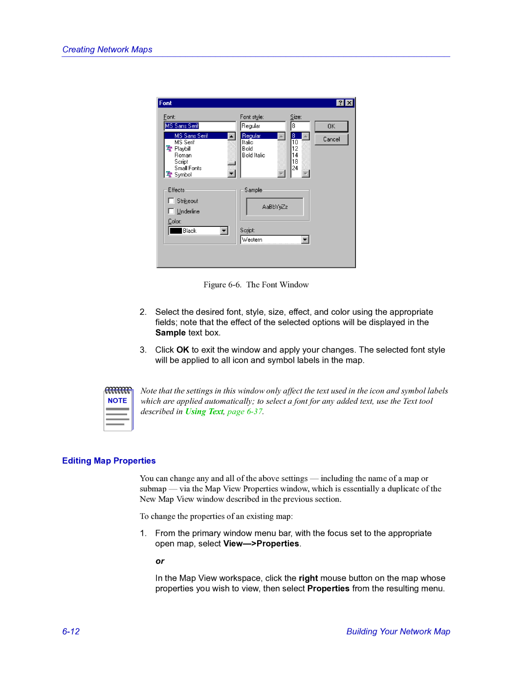 HP Netsight manual Font Window, Editing Map Properties 