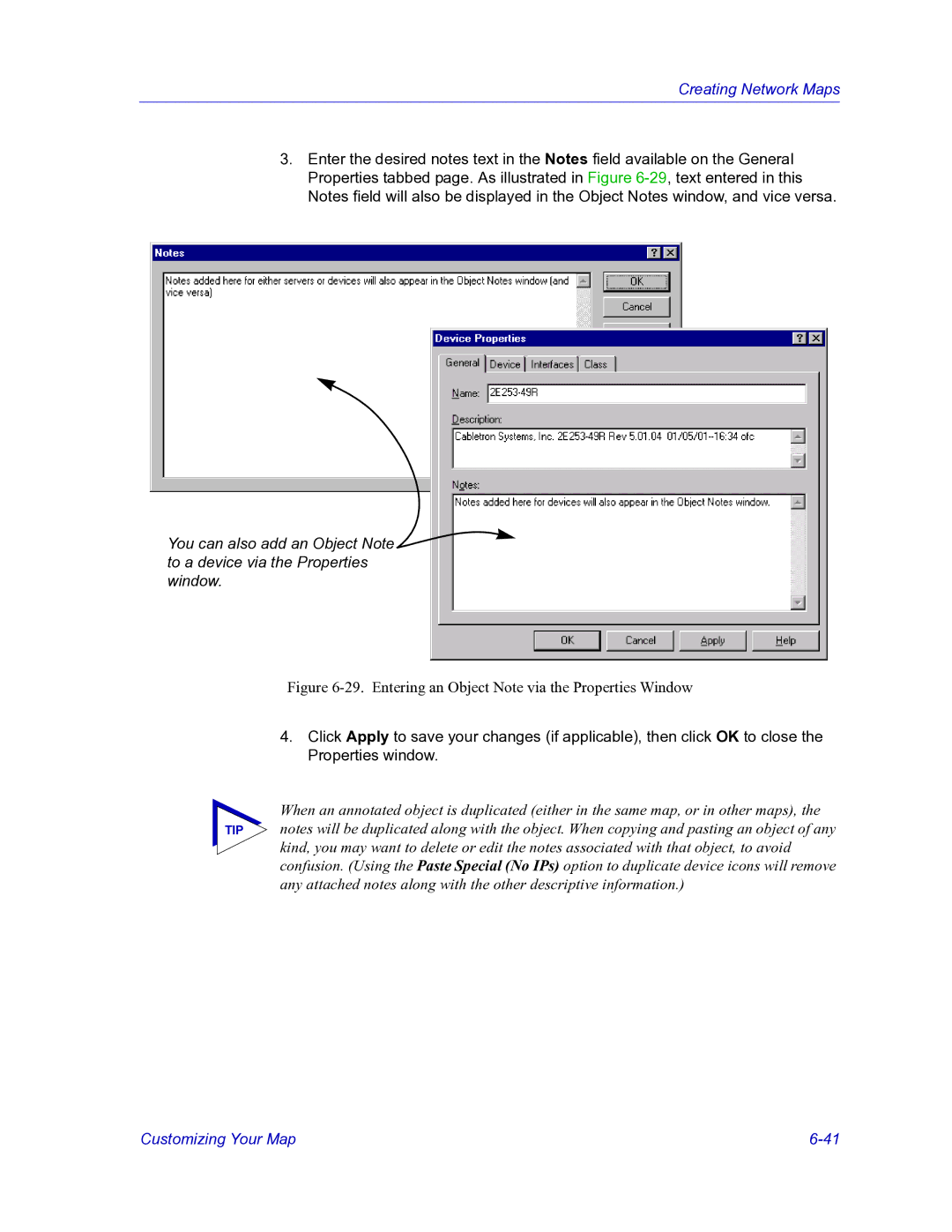 HP Netsight manual Entering an Object Note via the Properties Window 