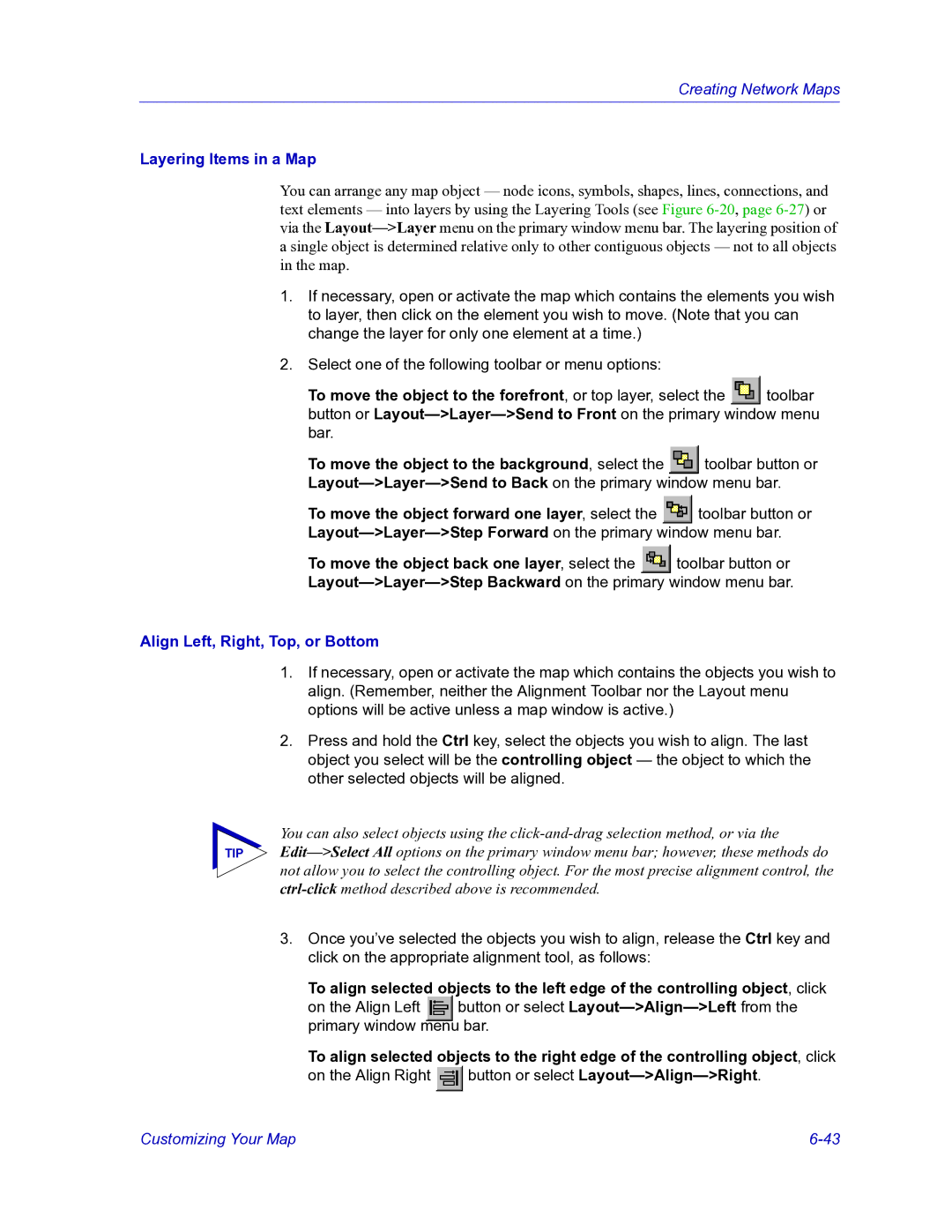 HP Netsight manual Layering Items in a Map, Align Left, Right, Top, or Bottom 