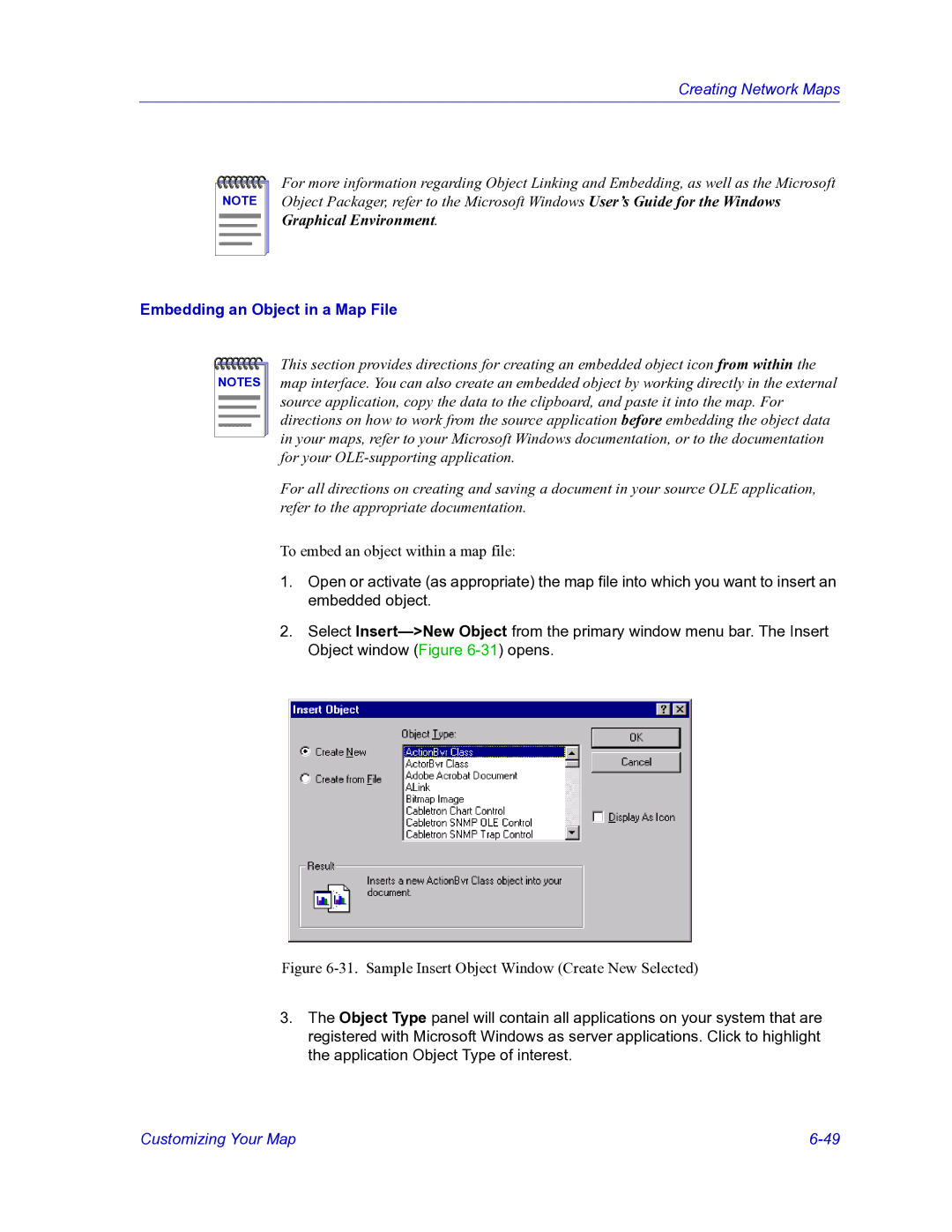 HP Netsight manual Embedding an Object in a Map File, Sample Insert Object Window Create New Selected 