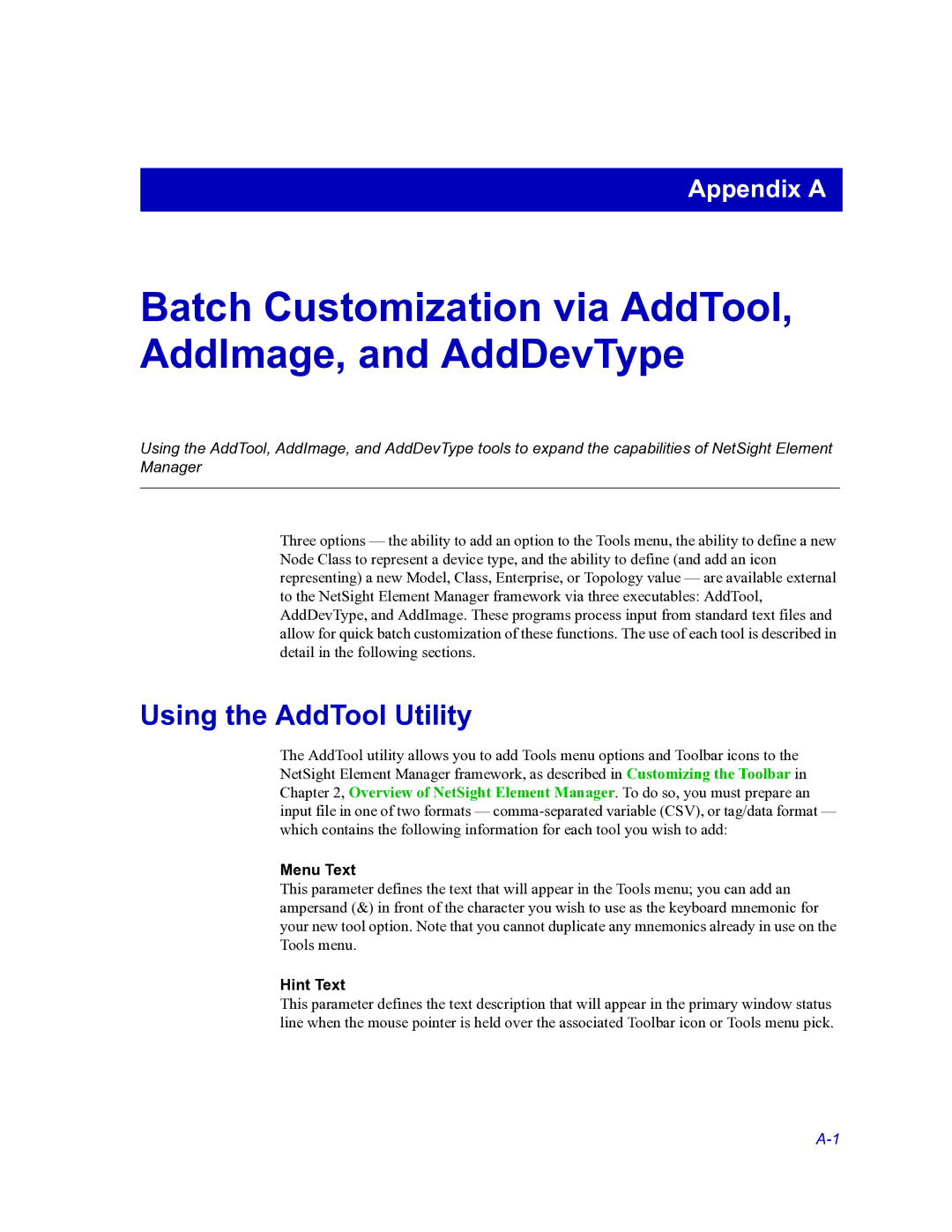 HP Netsight manual Using the AddTool Utility, Menu Text, Hint Text 