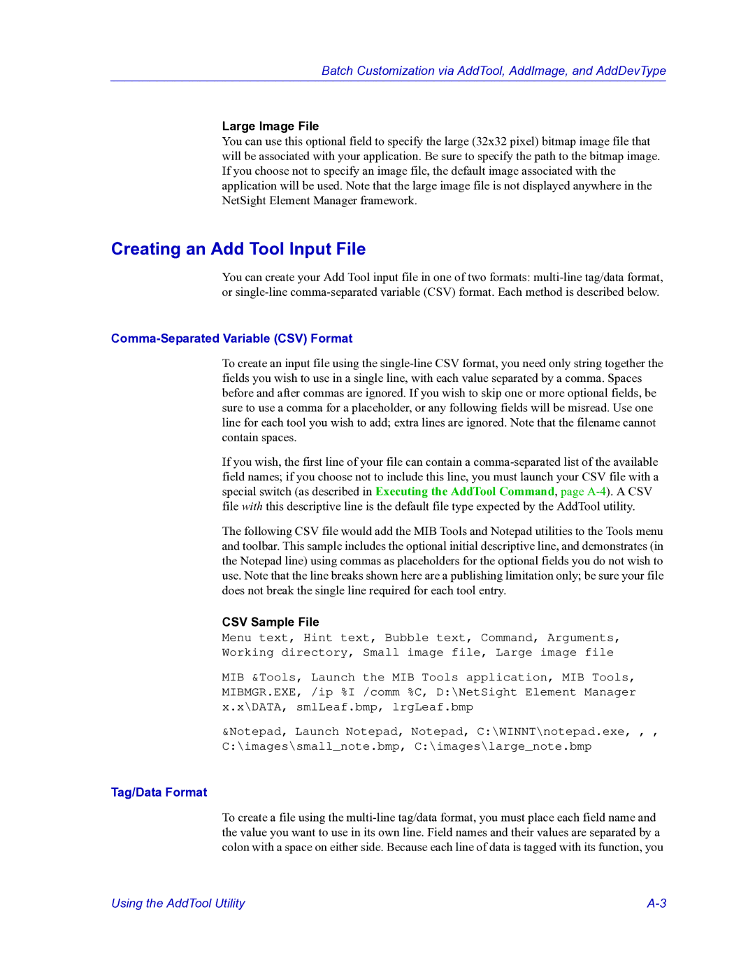 HP Netsight manual Creating an Add Tool Input File, Large Image File, Comma-Separated Variable CSV Format, CSV Sample File 