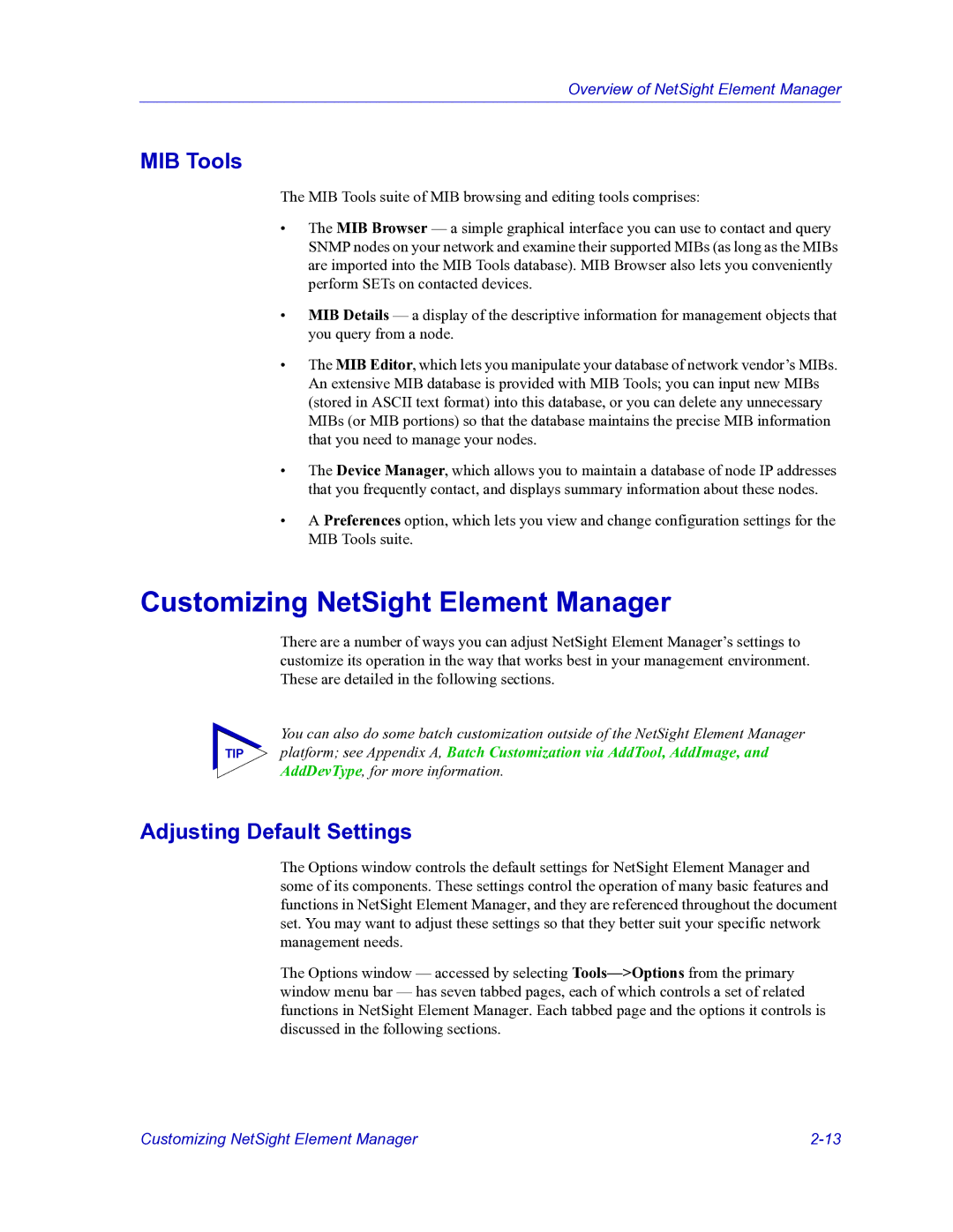 HP Netsight manual Customizing NetSight Element Manager, MIB Tools, Adjusting Default Settings 