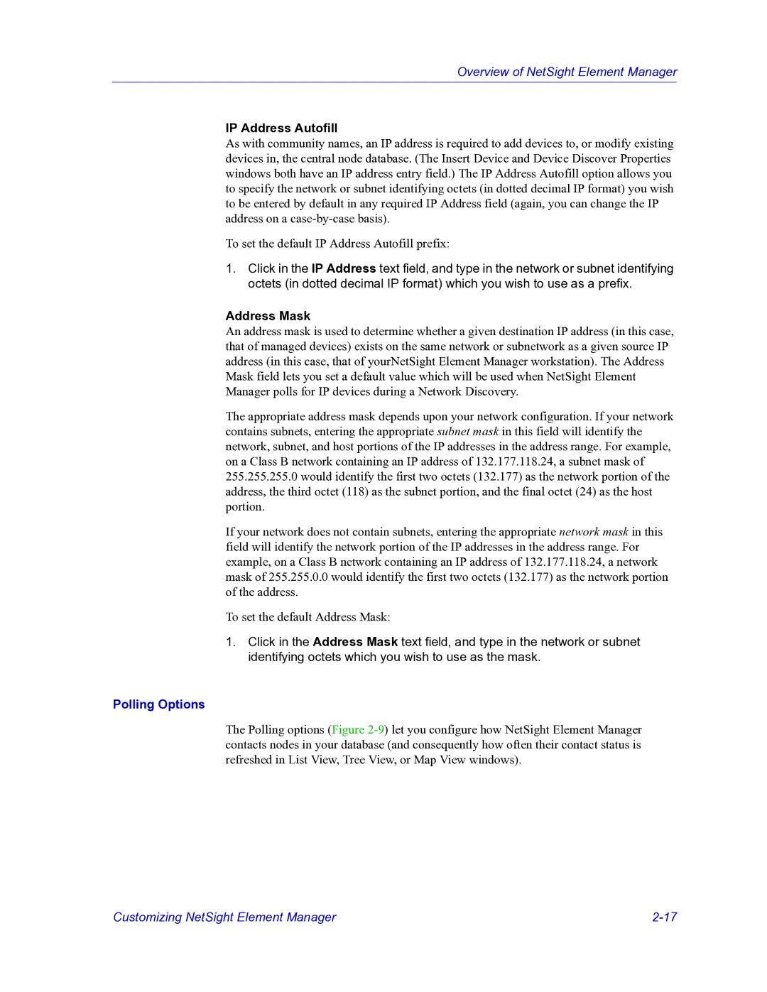 HP Netsight manual IP Address Autofill, Address Mask, Polling Options 