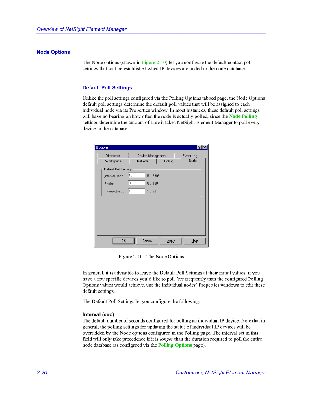 HP Netsight manual Node Options, Default Poll Settings 