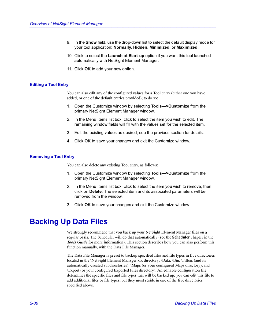 HP Netsight manual Backing Up Data Files, Editing a Tool Entry, Removing a Tool Entry 