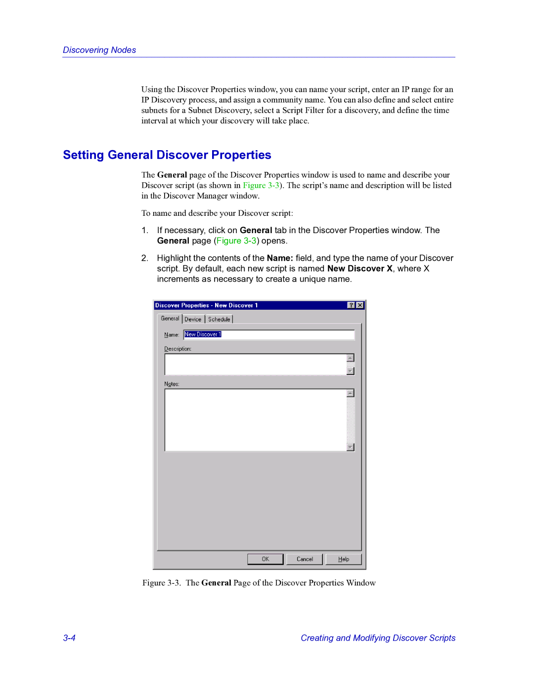 HP Netsight manual Setting General Discover Properties, General Page of the Discover Properties Window 