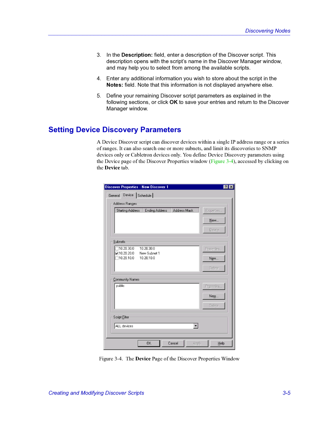 HP Netsight manual Setting Device Discovery Parameters, Device Page of the Discover Properties Window 