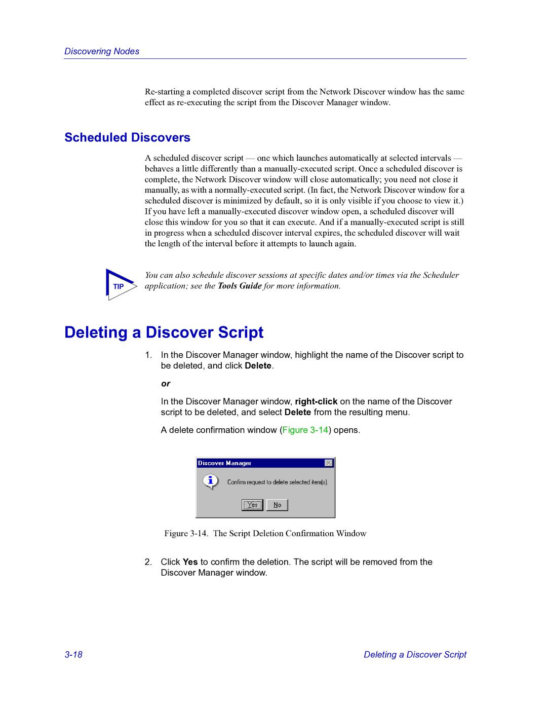 HP Netsight manual Deleting a Discover Script, Scheduled Discovers 