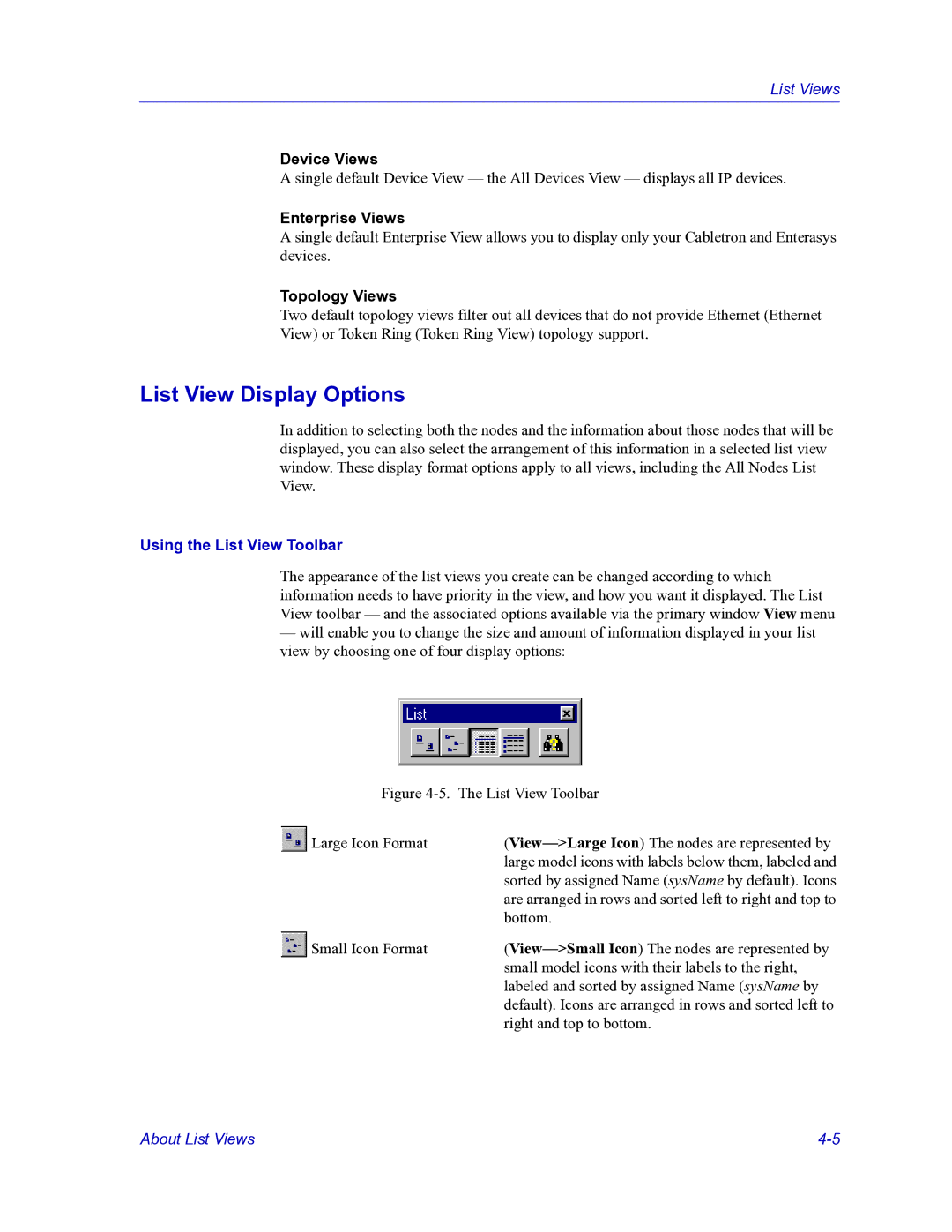 HP Netsight manual List View Display Options, Device Views, Enterprise Views, Topology Views, Using the List View Toolbar 