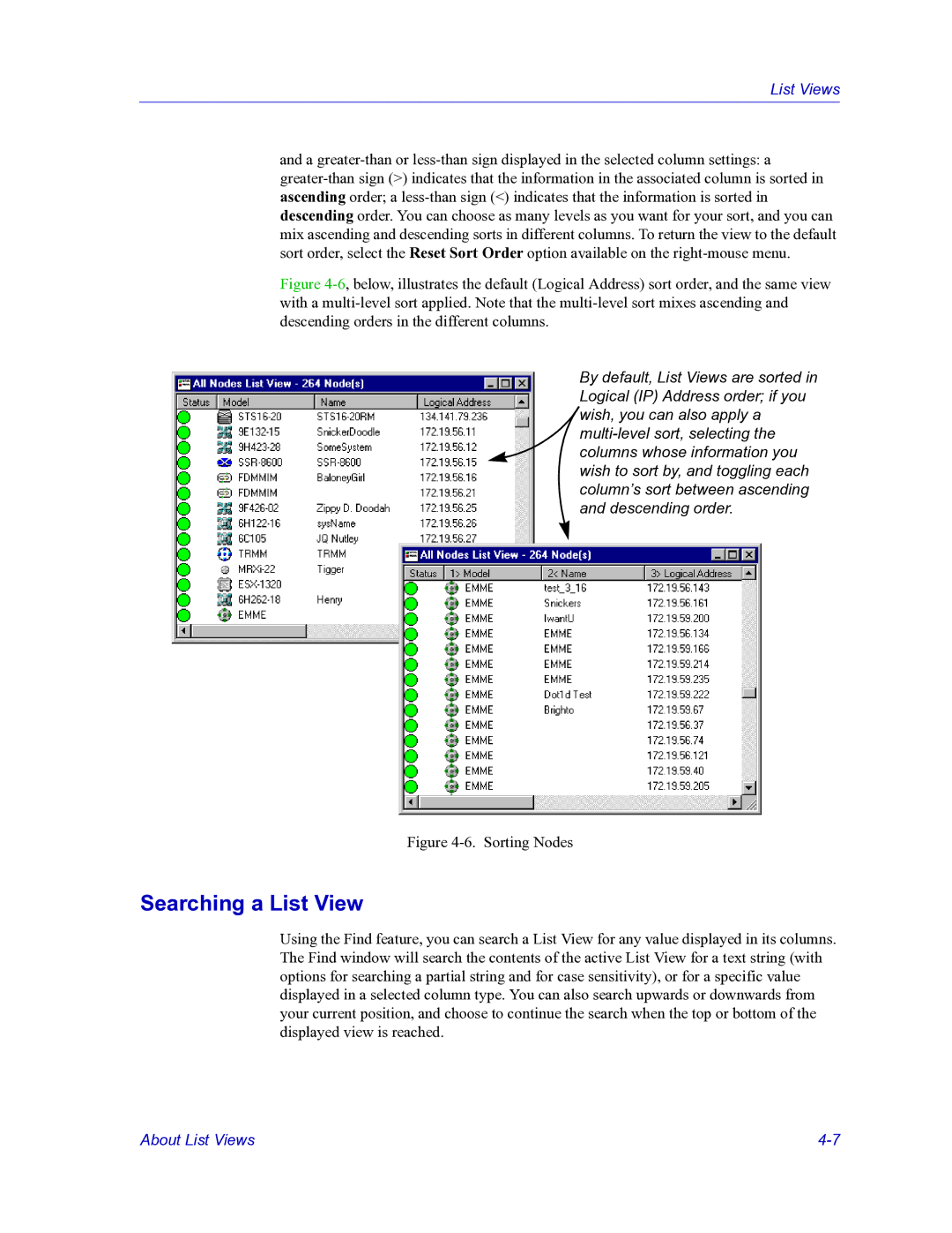 HP Netsight manual Searching a List View, Sorting Nodes 