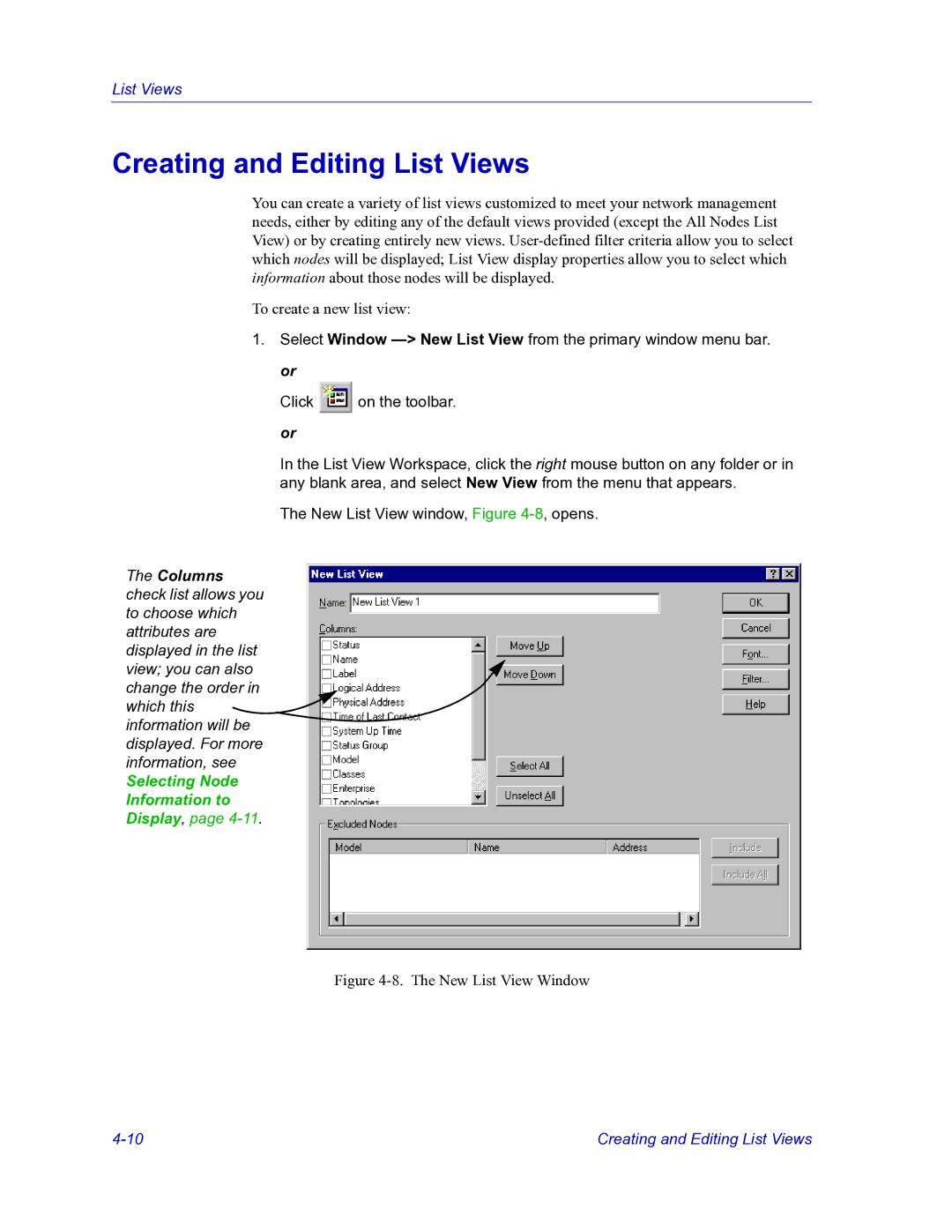 HP Netsight manual Creating and Editing List Views, Selecting Node Information to 